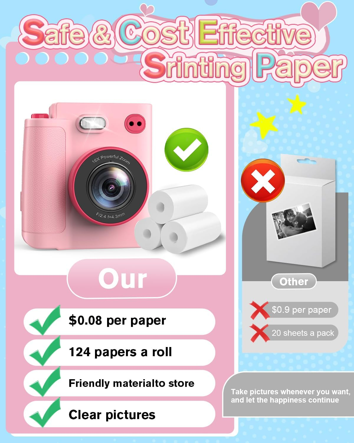 MYSTILUCK Kids Camera Instant Print, 1080P Instant Camera for Kids, Children Digital Cameras with 3 Rolls Photo Paper & 32GB Card, Christmas Birthday Gifts Toys for Boys & Girls Aged 3-12（Pink） image number 4