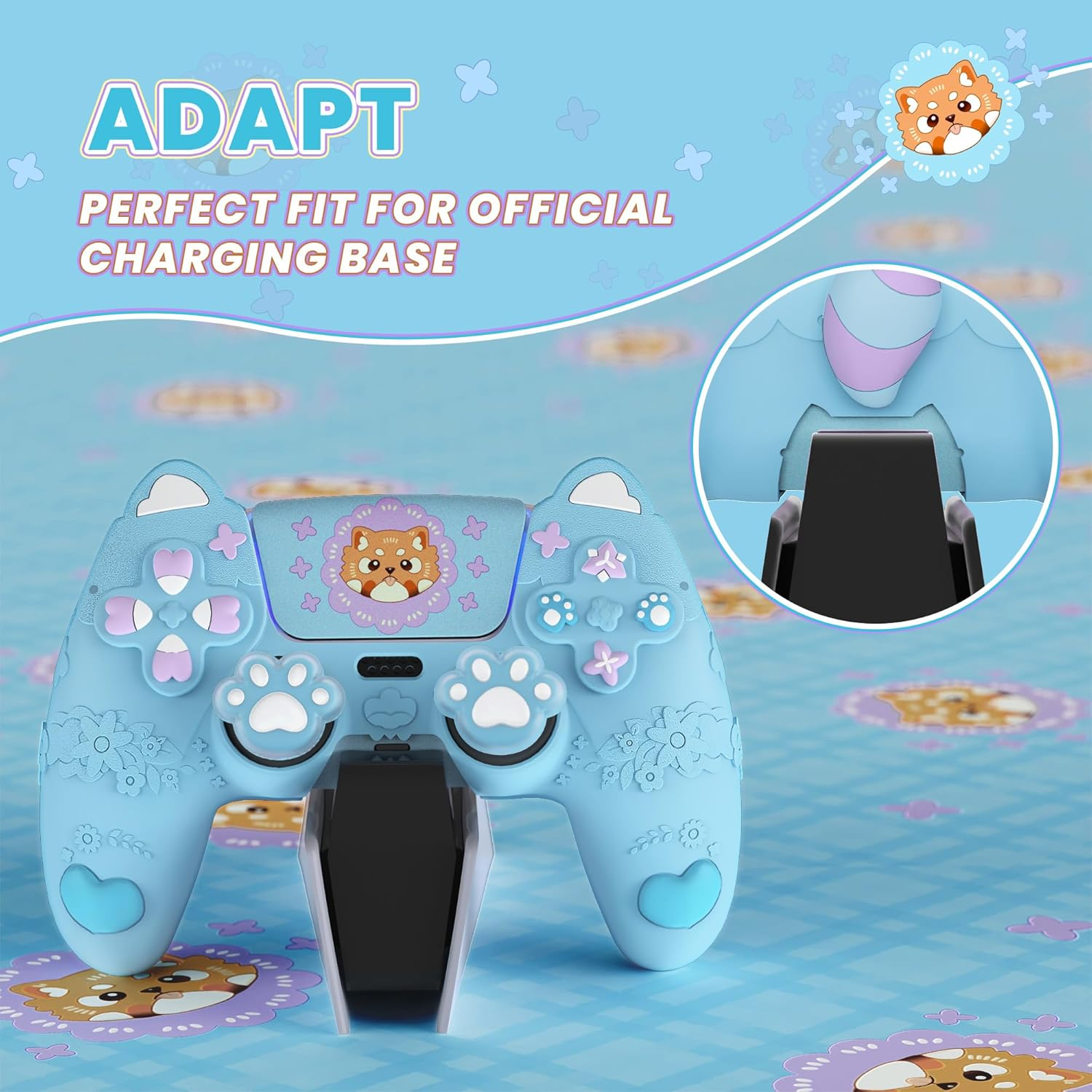 Playvital Cute Spring Lesser Panda Silicone Cover for Ps5 Controller with Joystick Cap and Sticker, Anti-Grip Shockproof Skin, Compatible with Charging Station, Heaven Blue image number 5