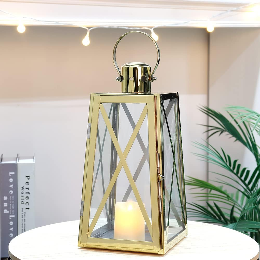TRIROCKS Stainless Steel Decorative Lantern 12''H Metal Outdoor Candle Holder Hanging Candle Lantern with Tempered Glass for Christmas Home Wedding Living Room Parties Indoor Outdoor(Gold Trapezoid) image number 2