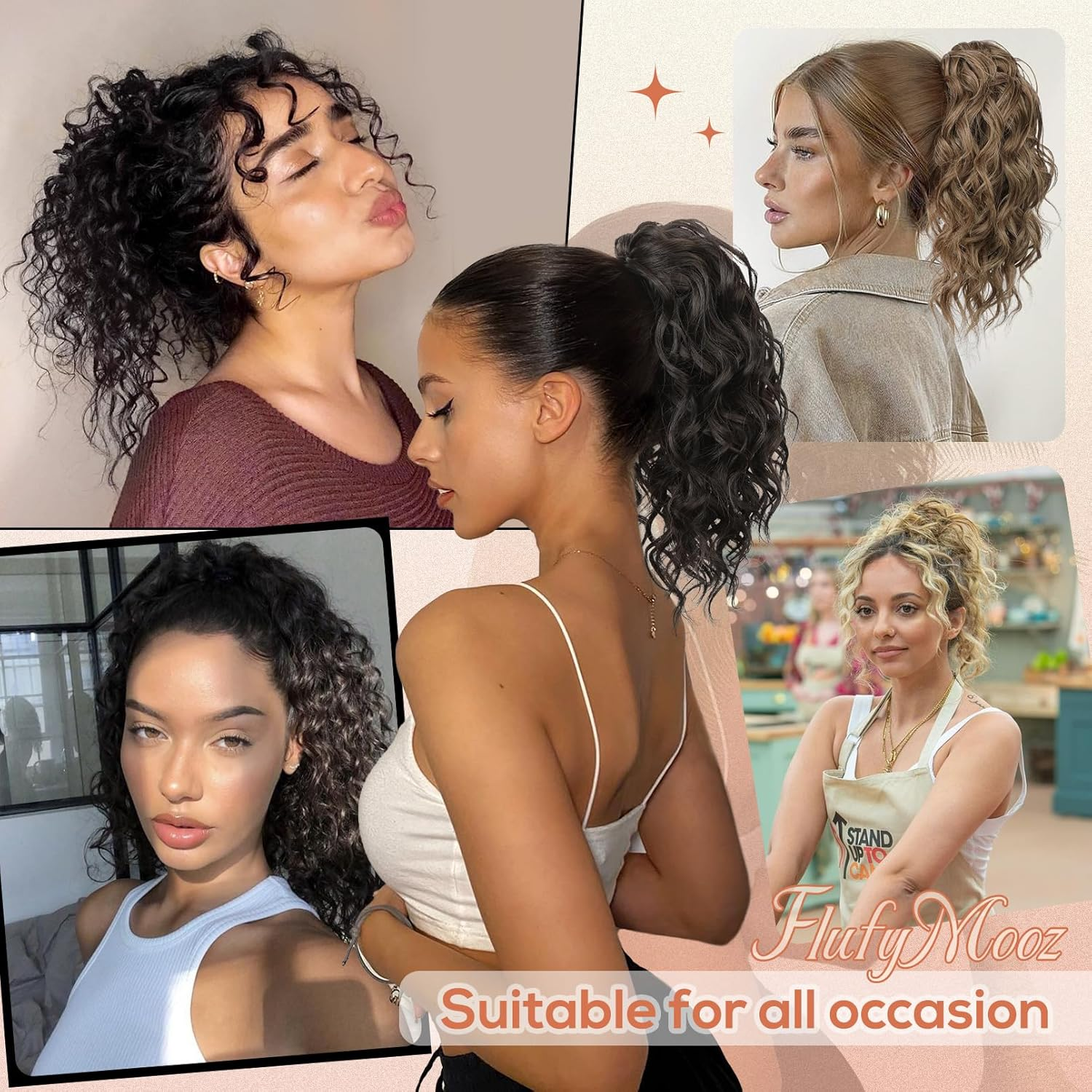 FLUFYMOOZ Ponytail Extension, 12" Short Claw Ponytail Extension Wavy Curly Jaw Clip in Pony Tails Hair Extension Natural Synthetic Hairpiece for Women (Black Brown) image number 4