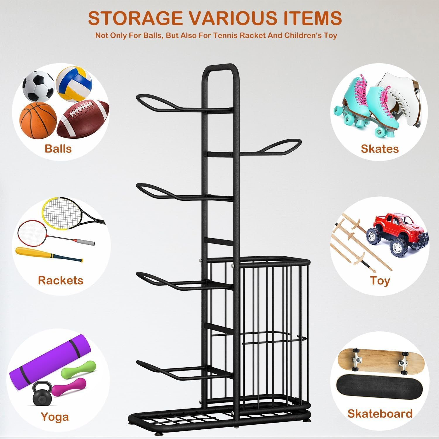 Homodoskey Ball Storage Rack, Football Stand, Ball Storage Garage, Ball Holder, Sports Equipment Storage for Garage, Basketball Organizer Rack with Basket image number 5