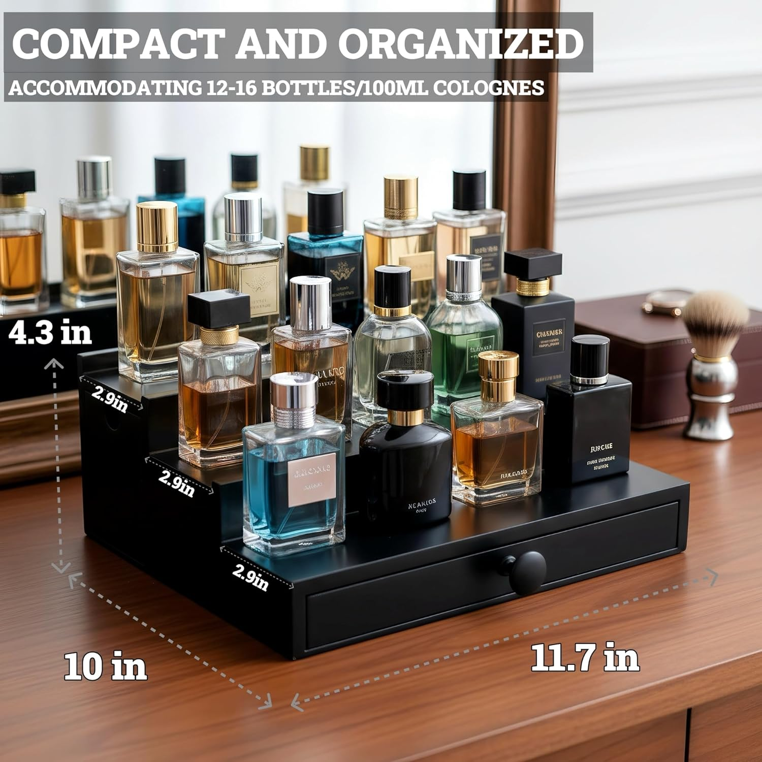 Classic Wooden Cologne Organizer for Men 3 Tier Black | High Grade Velvet Lining and Stylish Gift Box | Uncluttered Design Perfume Display Stand Gift Idea | SELUM image number 1