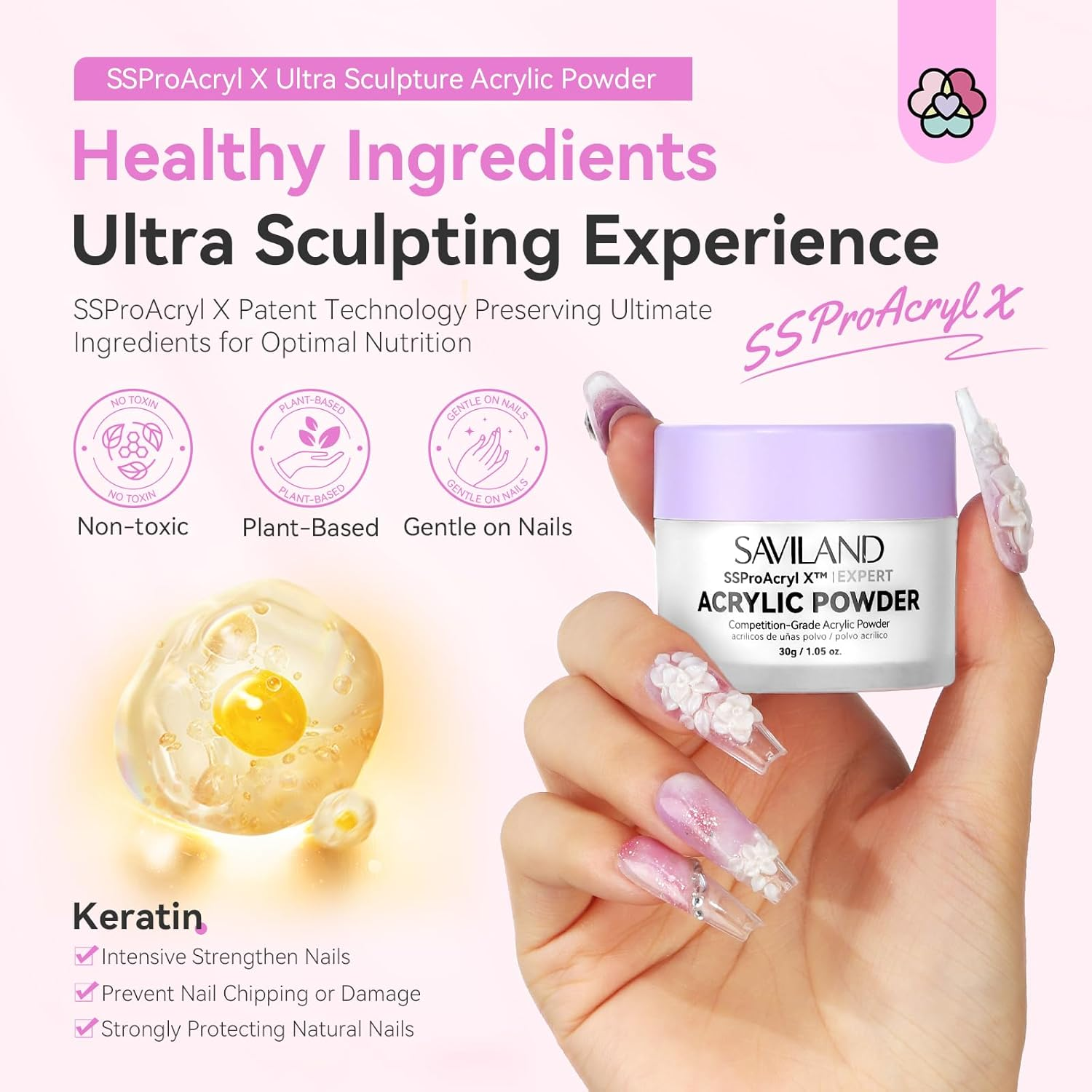 SAVILAND Ssproacryl X White Acrylic Powder Strong-Sturdy: 2024 Blending Tech Keratin Nail Acrylic Powder Ultra-Smooth Application Professional Powder for Nail Extension & Carving Nail image number 1