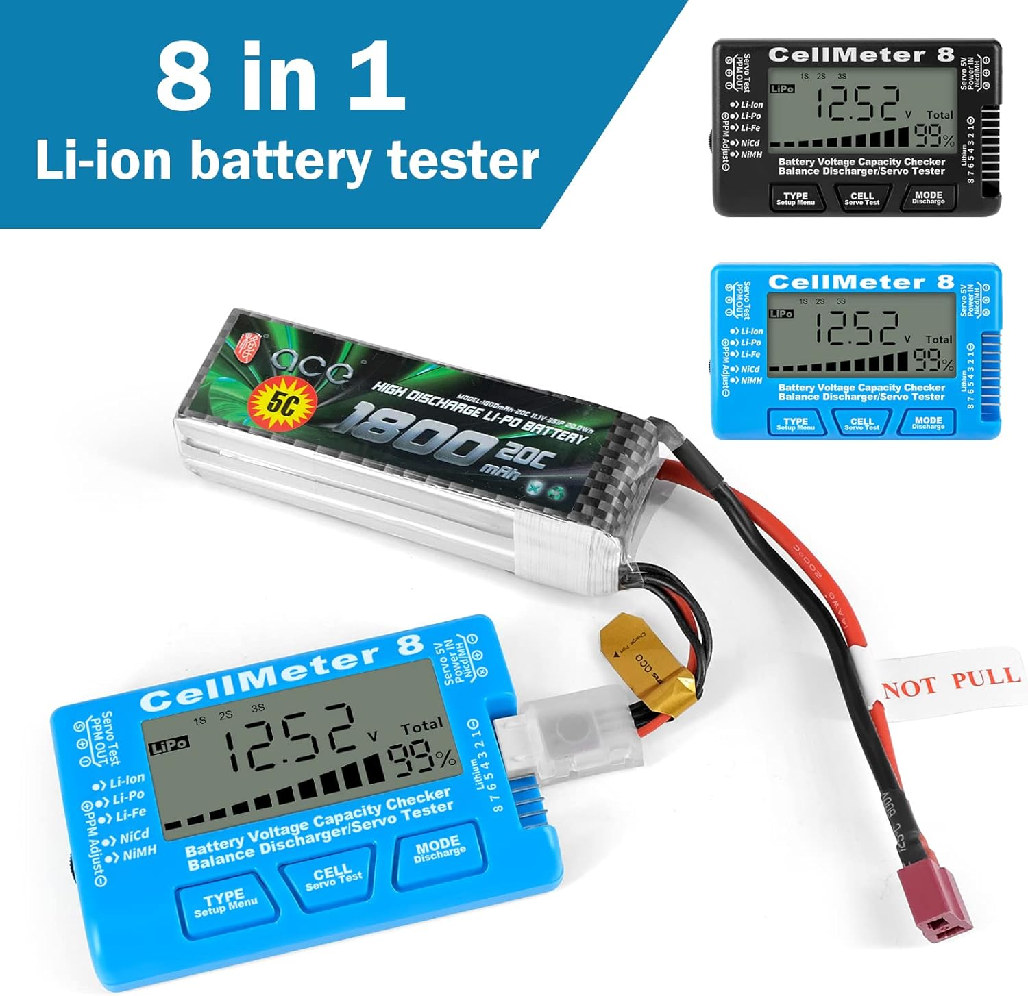 Nurdo Digital Battery Checker 8 in 1 Li-Ion Battery Tester Lipo Life Nimh Voltage Tester Black image number 3