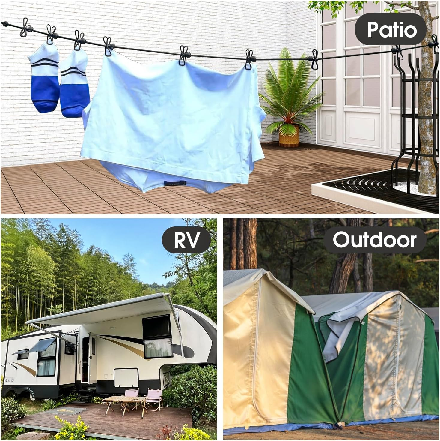 Portable Retractable Clotheslines with 12 Clothespins, Windproof Clothes Drying Line with 13 Anti-Skid Clips, Laundry Drying Line for Backyard Vacation Hotel Balcony (1Pack-Black) image number 1