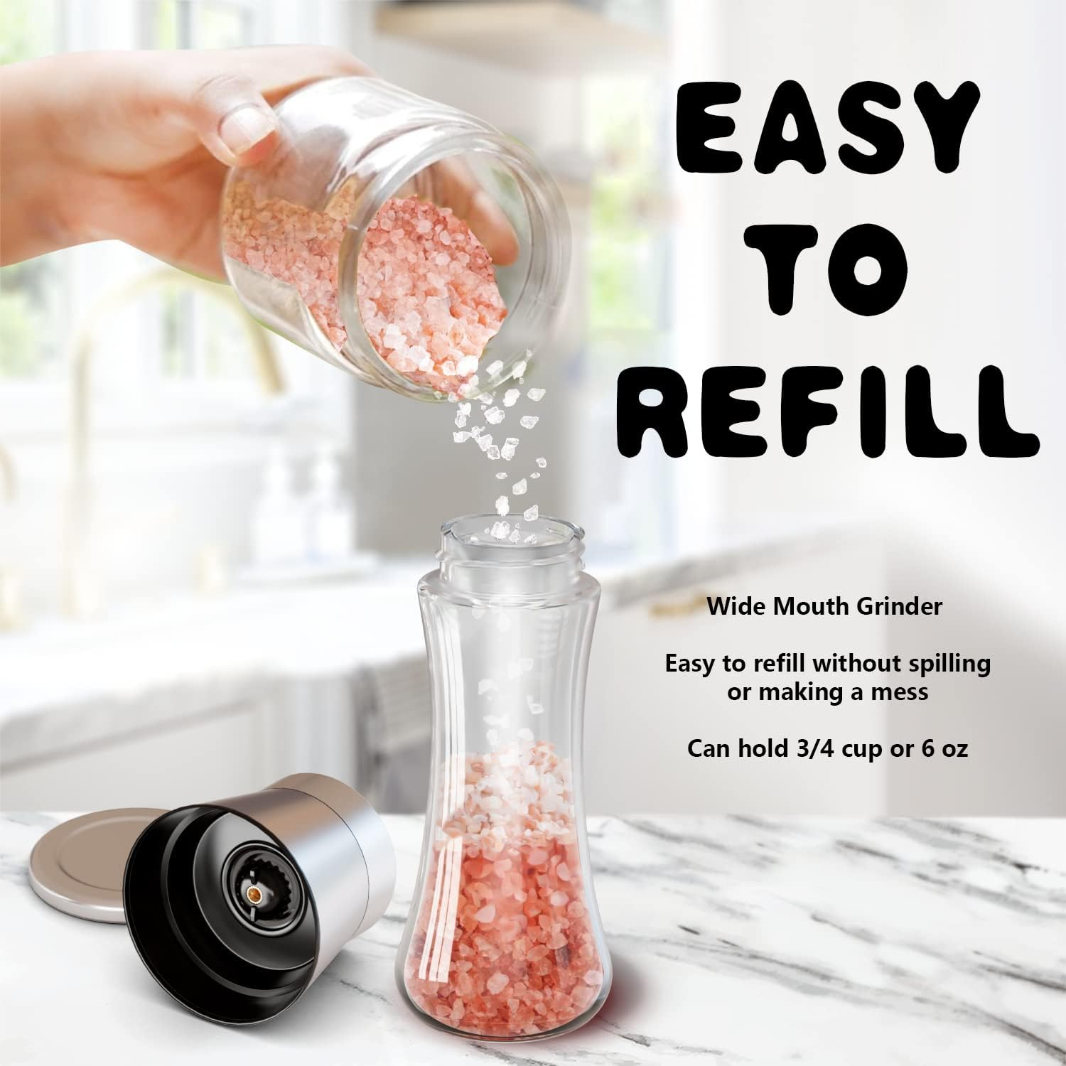 Salt and Pepper Grinder Set, Adjustable Coarseness Coarse & Fine Salt Shakers, Premium Ceramic Glass Body Salt and Pepper Mills [Without Spice Content] image number 4