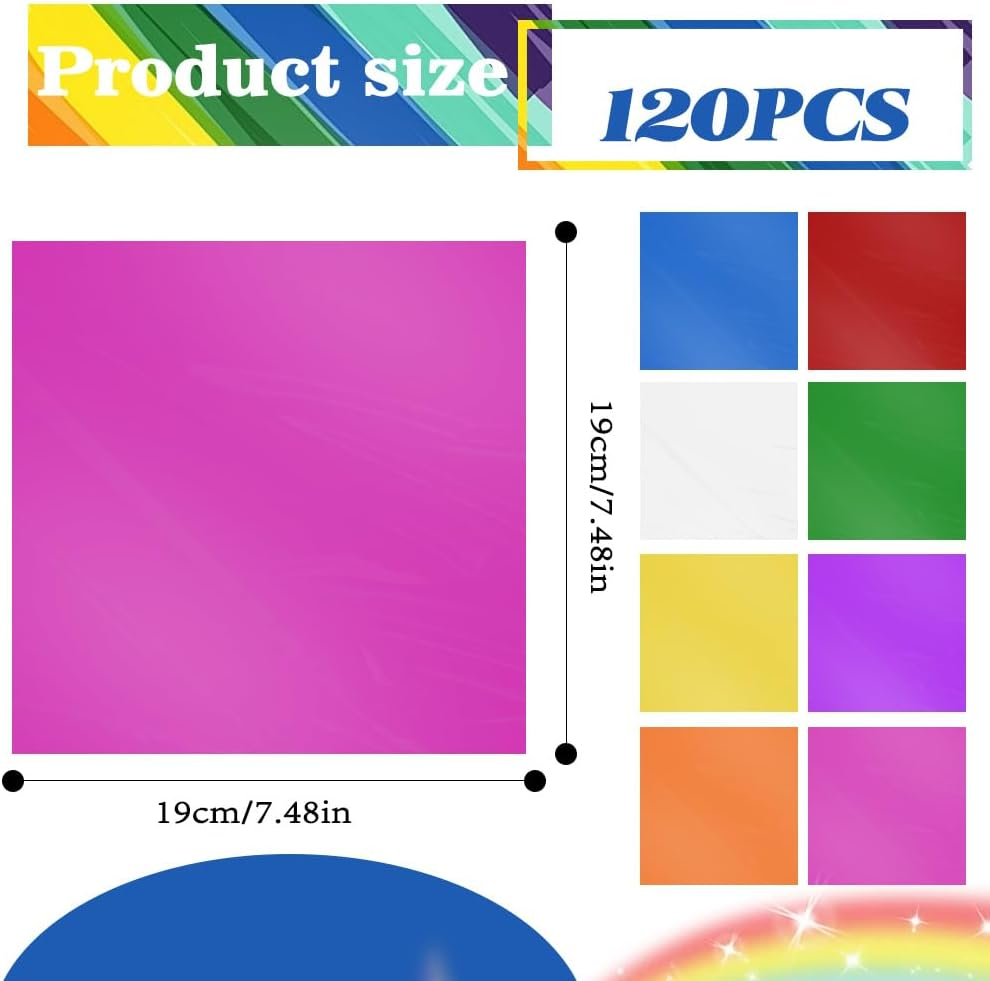 Cellophane Wrap, 120Pcs Cellophane Sheets, 8 Multi-Colors Colored Cellophane, 7.5X7.5 Inch Transparent Colored Plastic Wrap (Rainbow-120Pcs) image number 3