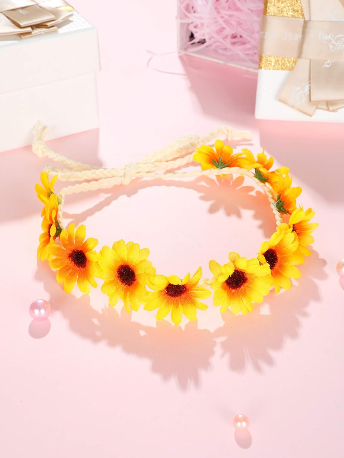 8 Pieces Sunflower Crown Hair Wreath Daisy Flower Headbands Hippie Headbands Adjustable Floral Bridal Headpiece for Hippie Party Wedding Festivals Photo Props - White, Yellow image number 7