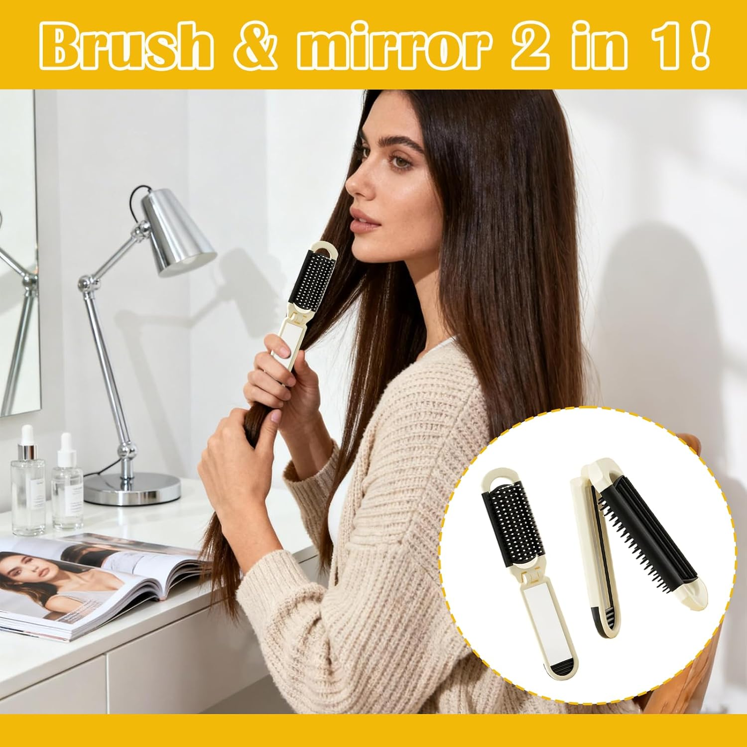 Jeyzuroa 2 Pack Travel Hair Brush, Mini Travel Essentials with Detachable Mirror, Compact Folding Hairbrush for Women Men, Portable Brushes and Combs for Purse Gym Trip Outdoor Styling image number 3