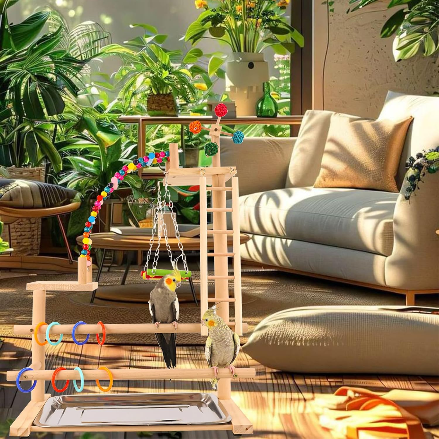 Beaufairy Bird Playground Parrot Play Stand, Parrot Playstand Wood Play Gym, with Swing Climb Natural Wood Playpen Ladder and Tray, for Parakeets, Cockatiels, Bird Cage Accessories, 46*31*70CM, F557 - 020 image number 7