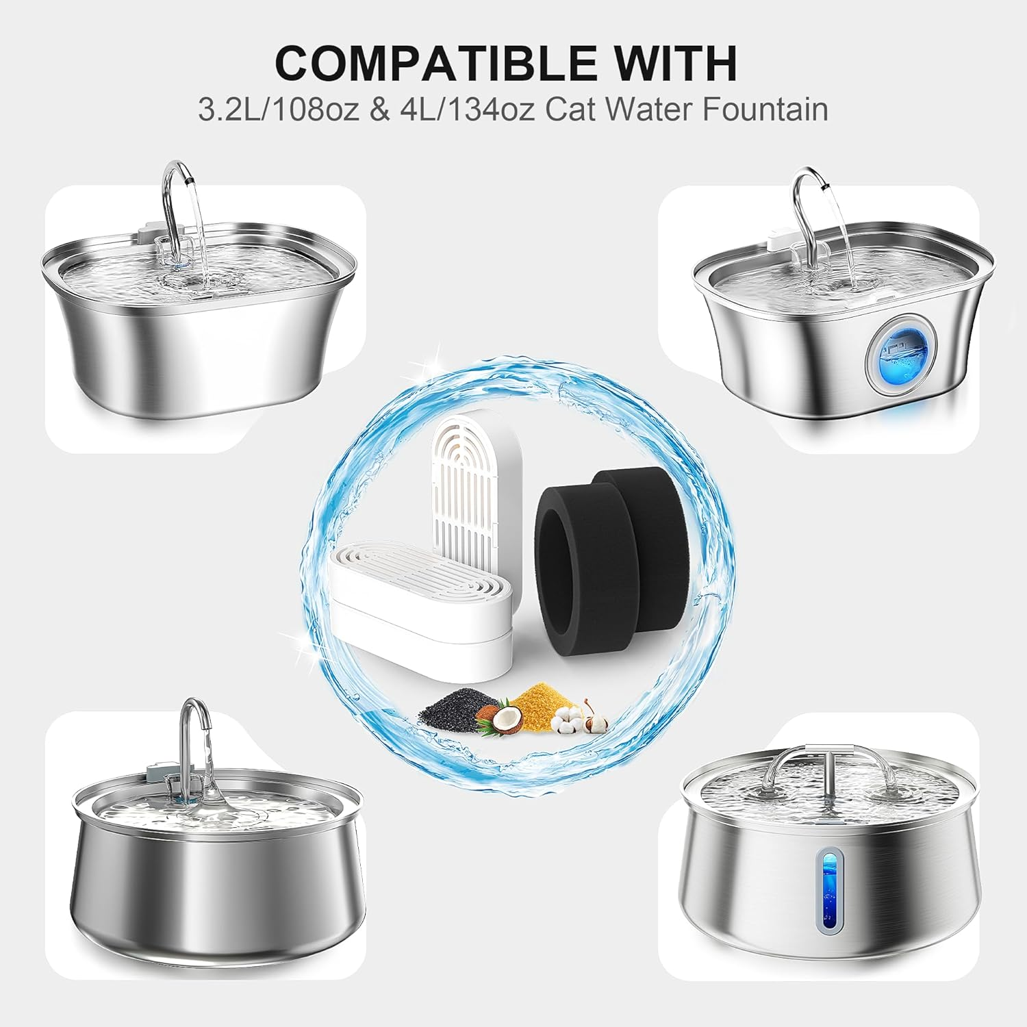 Cat Water Fountain Filters, 6 Pcs Cat Fountain Filters & 6 Pcs Foam Pre-Filter Replacement for 3.2L Cat Water Fountain Stainless Steel, Filters for Cat Drinking Fountain Pet Water Dspensers Water Bowl image number 1