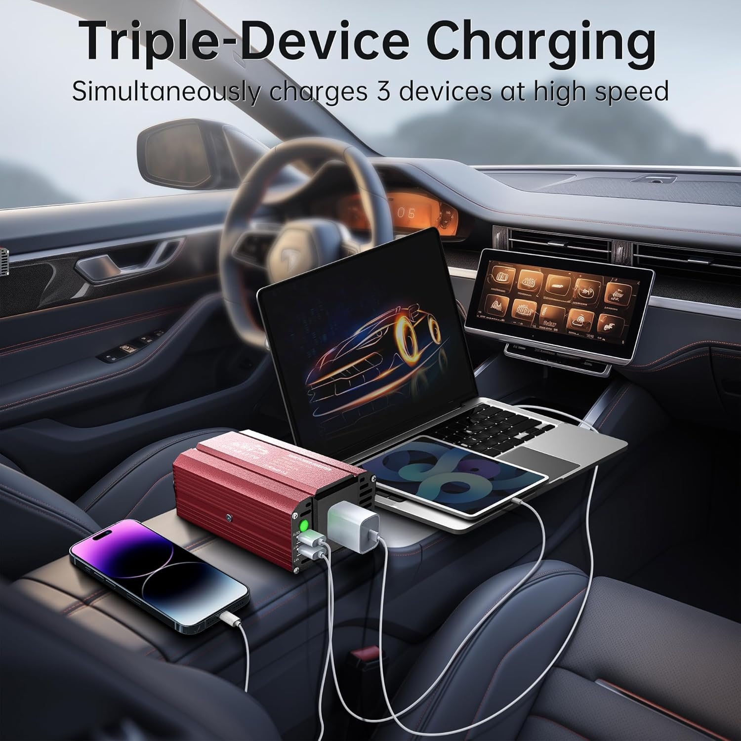 300W Power Inverter DC 12V to 230V 240V AC Car Inverter Converter with Standard Australian Plug Socket and 4.8A Dual USB & USB-C Car Plug Adapter for Car Devices - Red image number 3