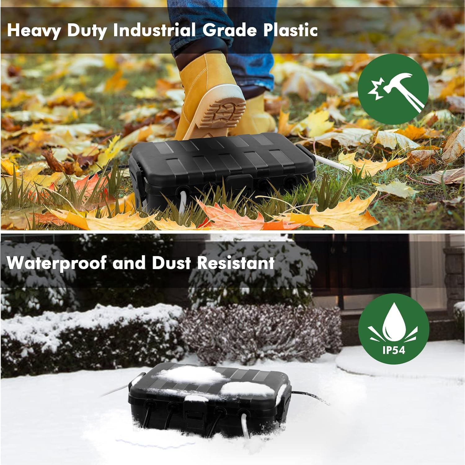 RESTMO Extra Large Weatherproof Electrical Box (32 X 22 X 13 Cm), IP54 Waterproof Outdoor Extension Lead Cover, Protect Outlet, Plug, Socket, Timer, Power Strip, Holiday Light Decoration, Black image number 5