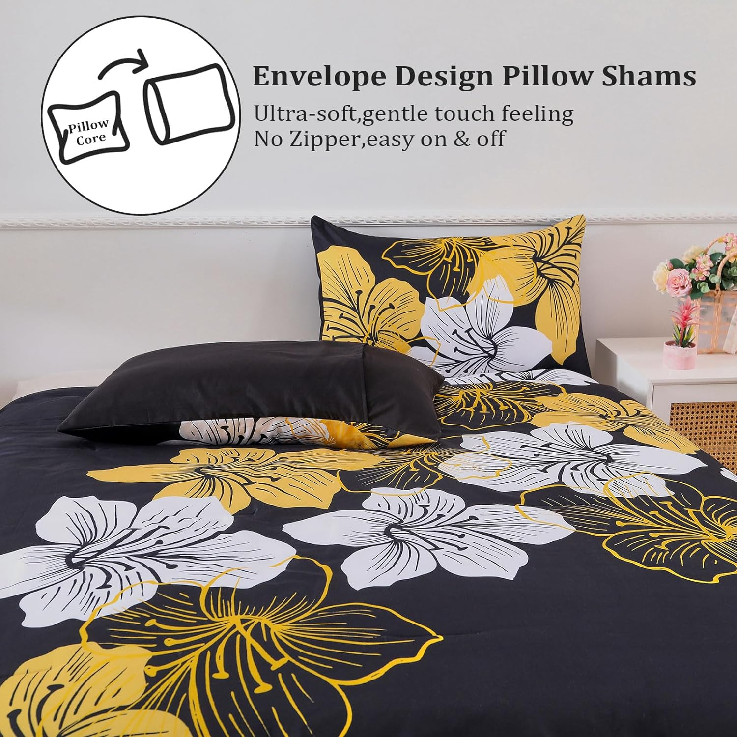 Menghomeus King Size Comforter Set Black/Gold Floral Bedding Comforter Sets Soft Microfiber Bed Comforter Set for All Season 3 Piece Botanical Flowers Comforter, Pillowcases image number 4