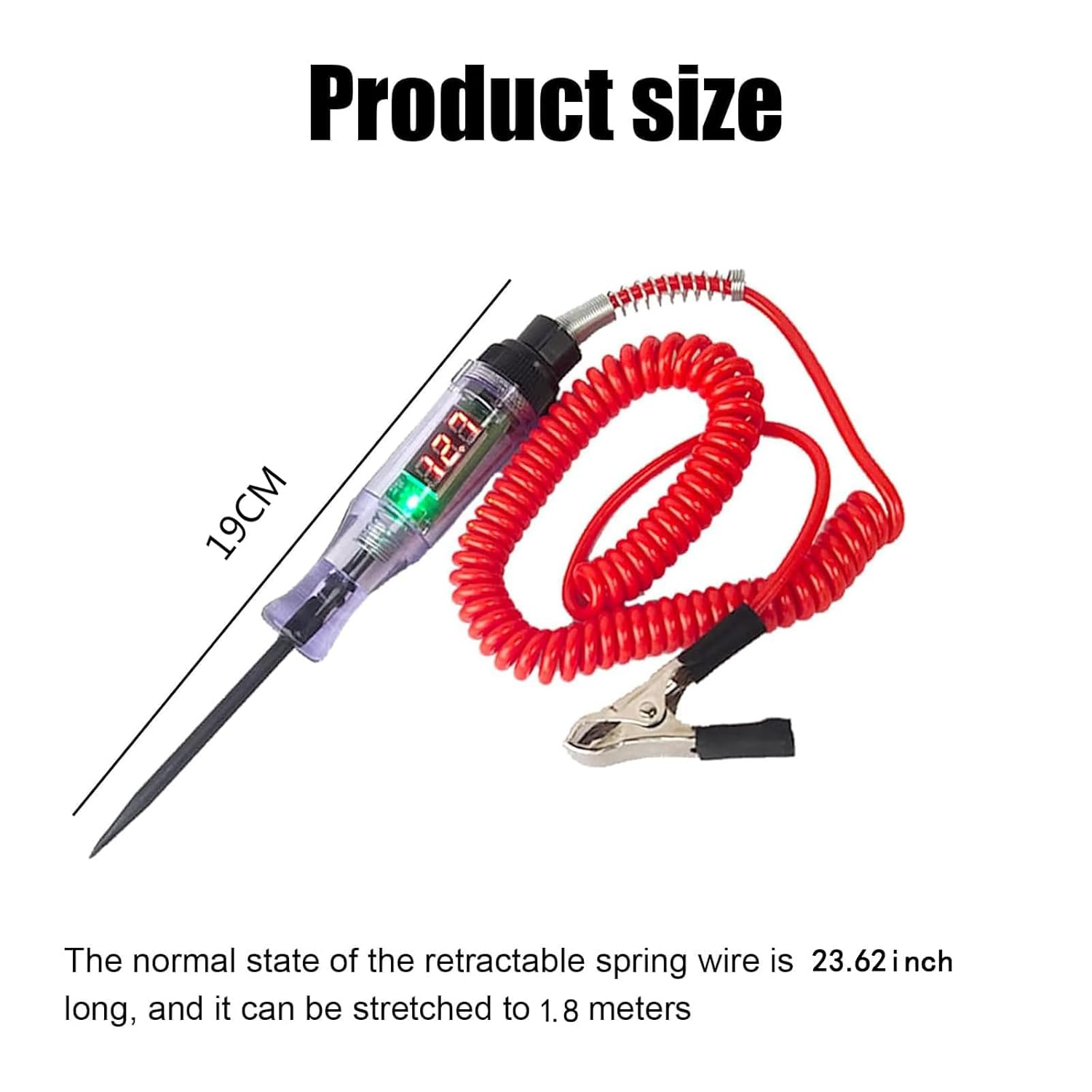 Digital Circuit Test Pen, 6V-24V DC Vehicle Tester, 1.8M Extendable Spring Wire, LED Display image number 1