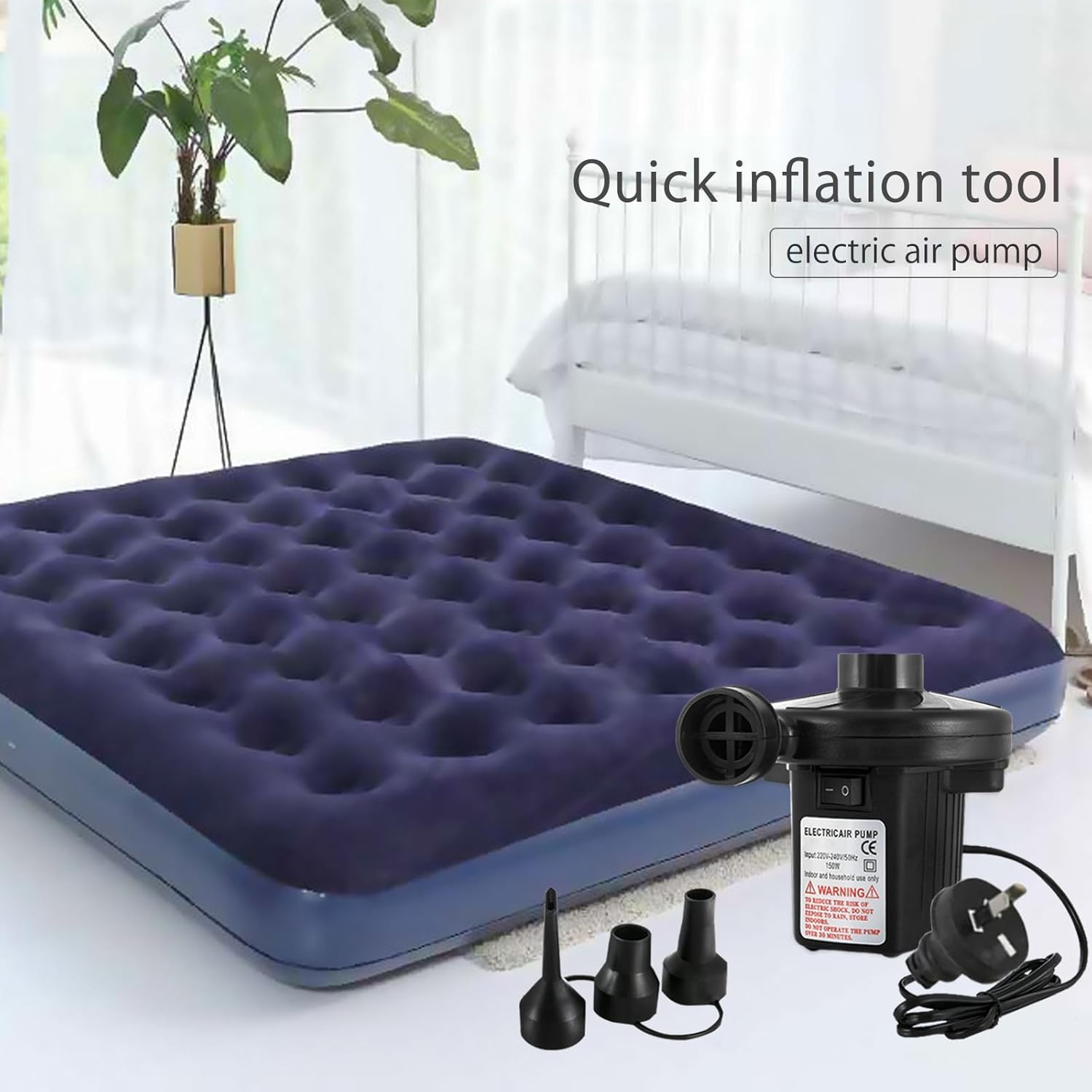 Air Pump Electric Portable Inflator for Inflatable Mattress Pool Boat Raft Swimming Ring Sofa Toy Kayak with 3 Nozzles