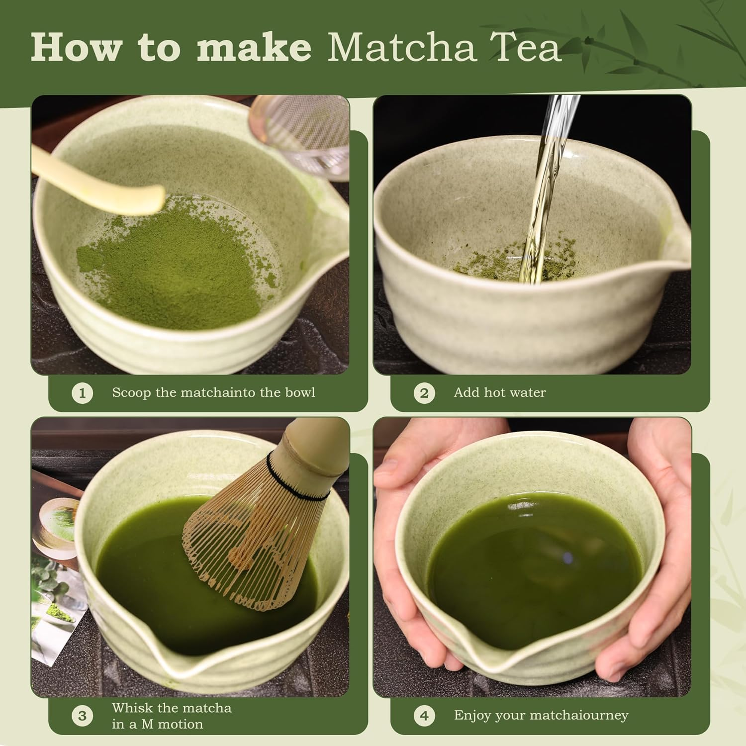 Myrthra 5PCS Matcha Whisk Set, Matcha Bowl with Spout, Bamboo Whisk, Bamboo Scoop, Ceramic Holder and Stainless Sifter for Tea Matcha Lover (Jade) image number 2