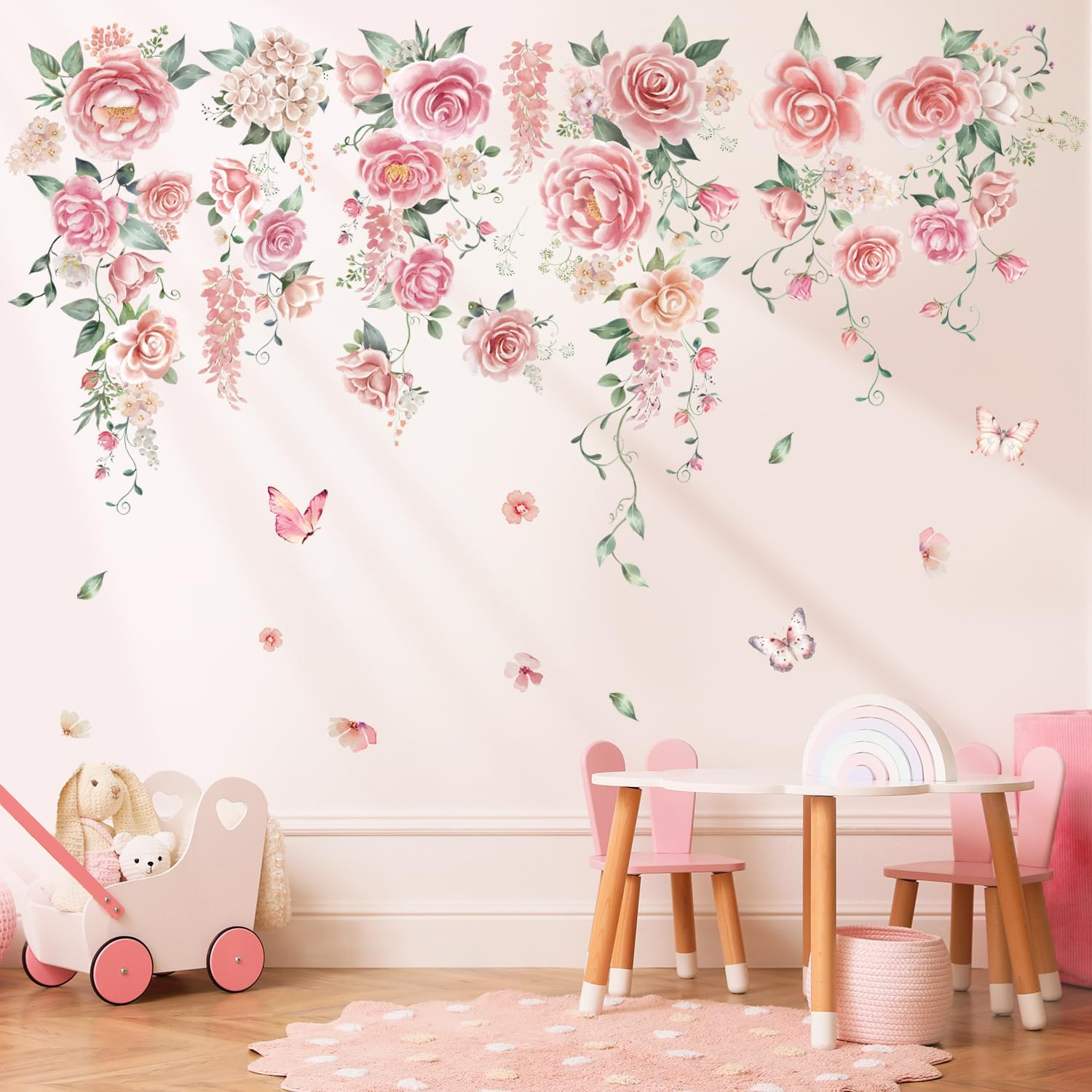 DECOWALL SG3-2428 Rose Vine Wall Stickers Room Decals Bedroom Living Flower D&eacute;cor Art Floral Pink Tv Decoration Butterfly Nursery Peel and Stick image number 6