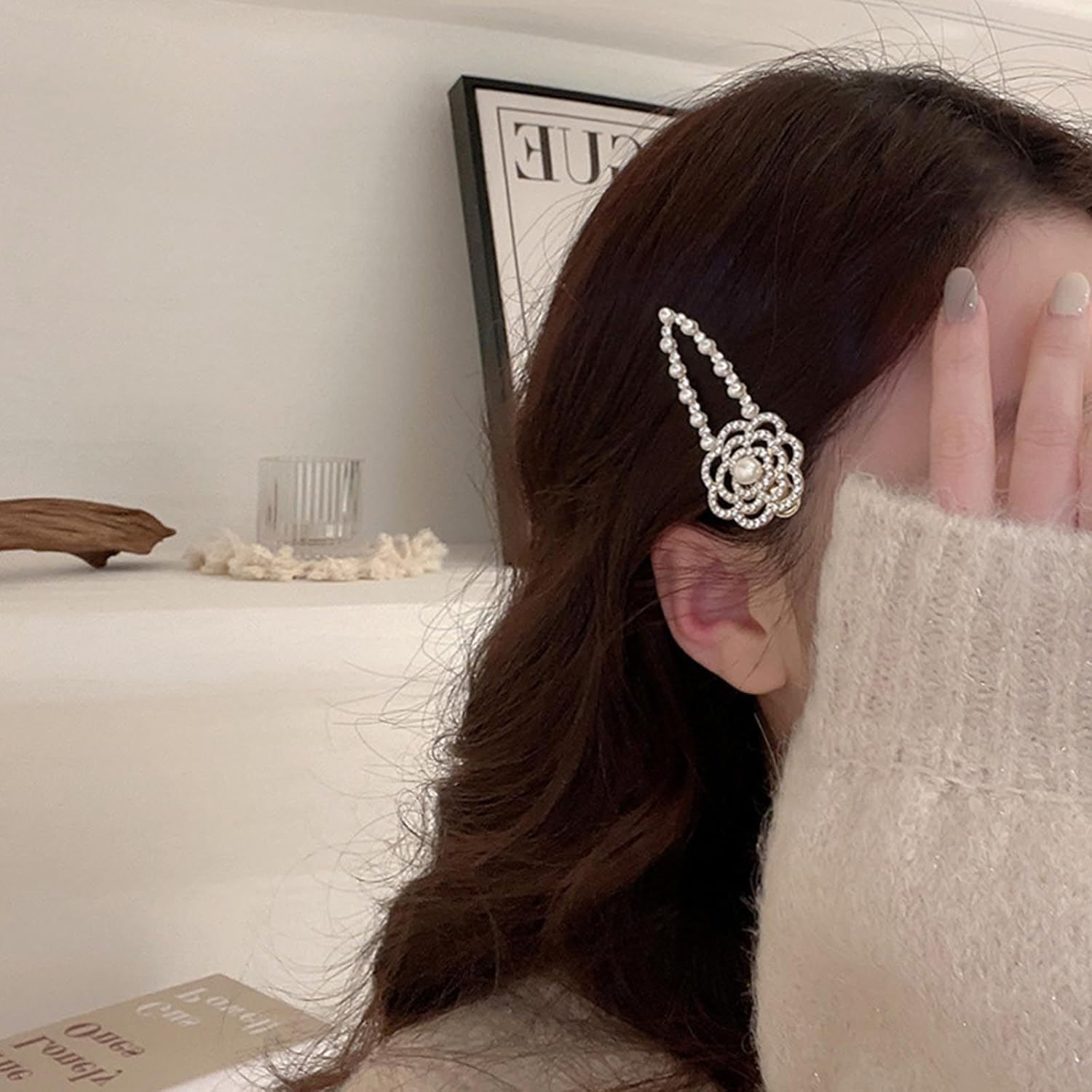 Flower Hair Clip for Women Crystal Flowers Hair Pins Gold Beads Hair Clips Paved Flowers Decorative Hairpin Beads Hair Accessories for Long Hair Fashion Gifts (Style:A) image number 1