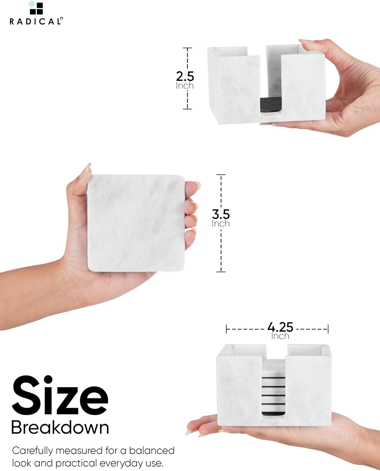Radicaln Marble Coaster Set with Holder 3.5" Inches White Square Handmade Coasters Set of 6 for Coffee Bar Accessories Drink Coasters for Coffee Table D&eacute;cor Coasters for Drinks image number 4