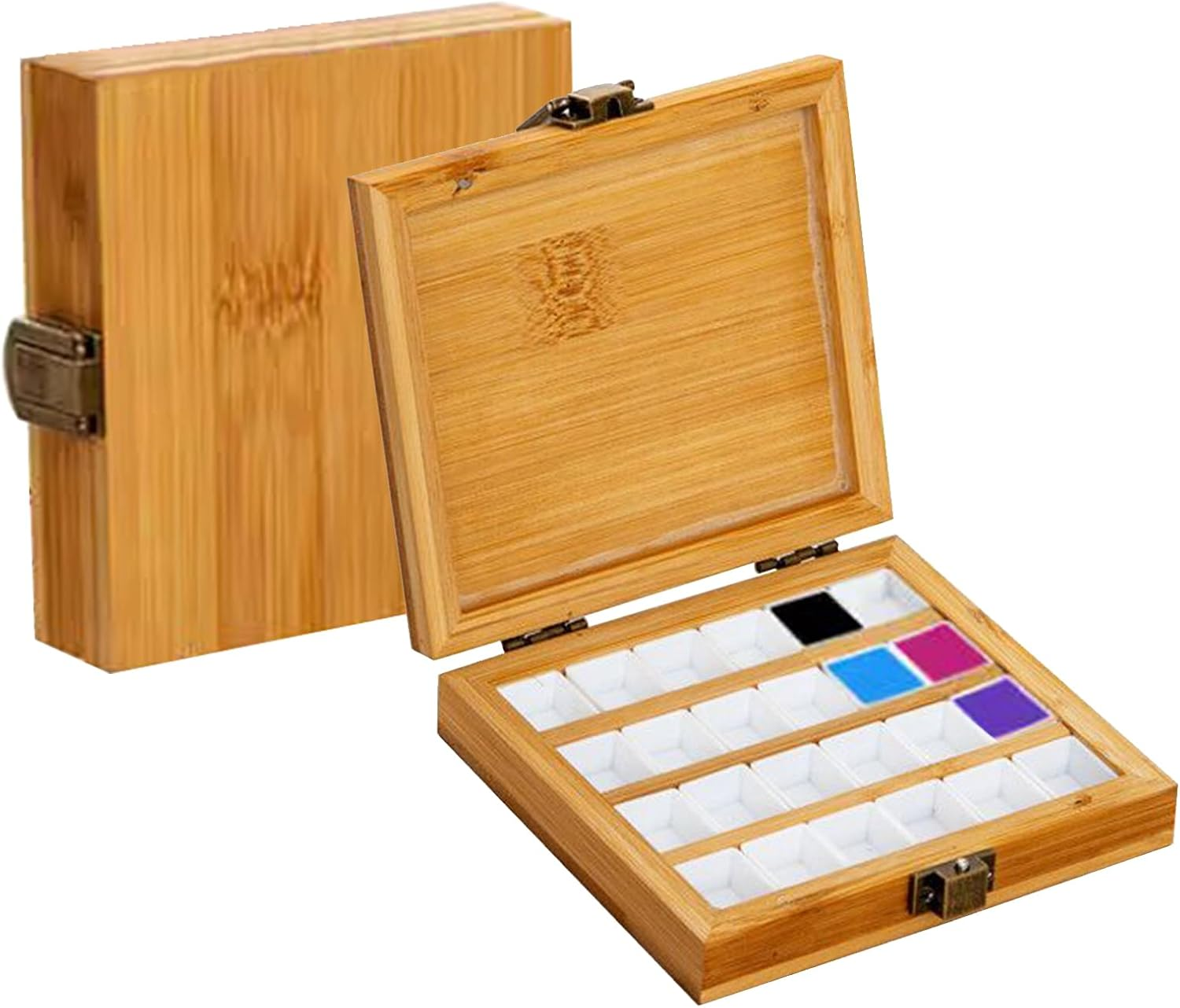 Roseflower Wooden Watercolor Paint Palette Tray, Palette Paint Case with 24Pcs White Washable Half Pans Grids Professional Art Supplies, Acrylic Painting Paint Saver with Lid, 4.5" X 4.1" X 1" image number 3