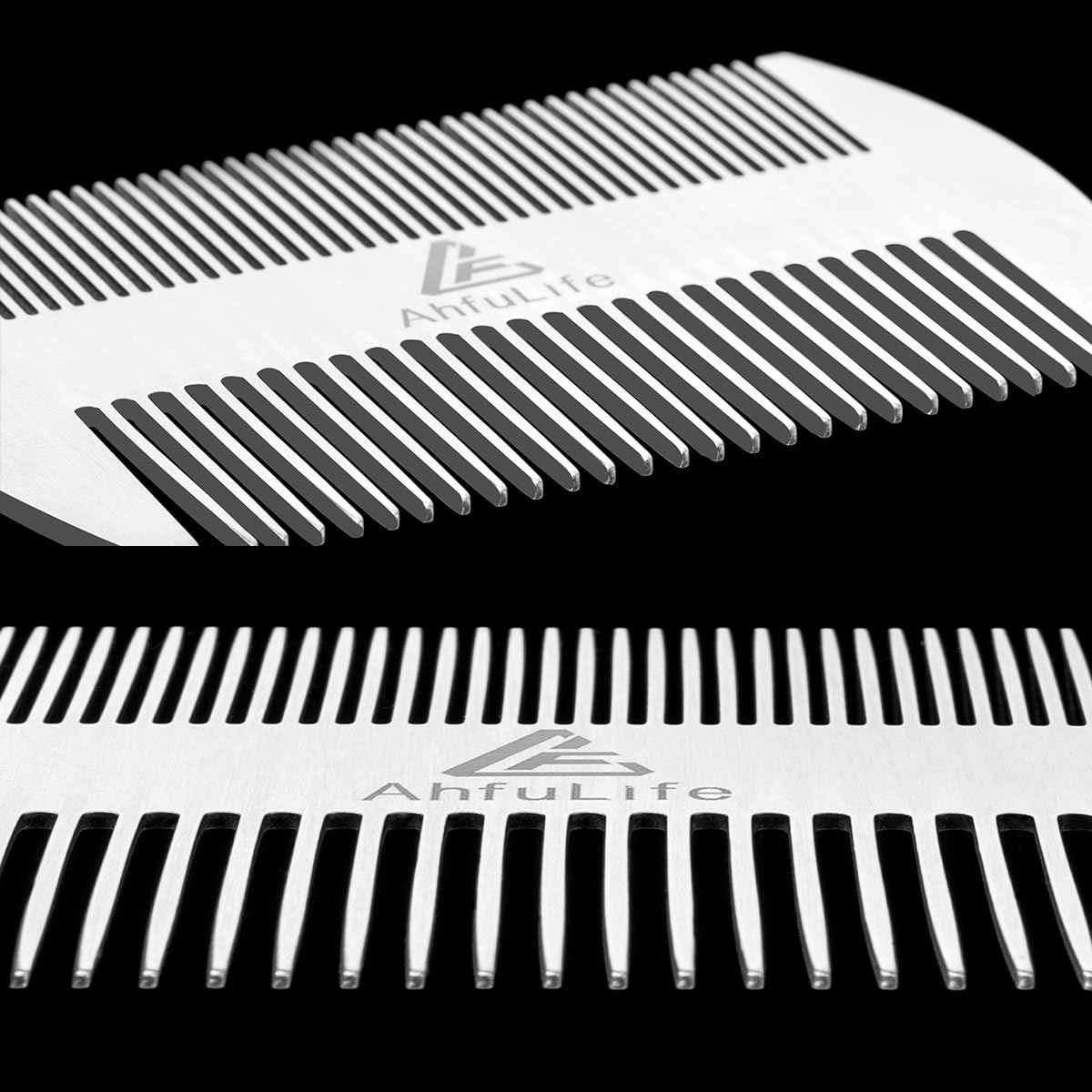 Ahfulife Metal Hair & Beard Comb - EDC Credit Card Size - Anti-Static Dual Action - Stainless Steel Comb Gift Box image number 2