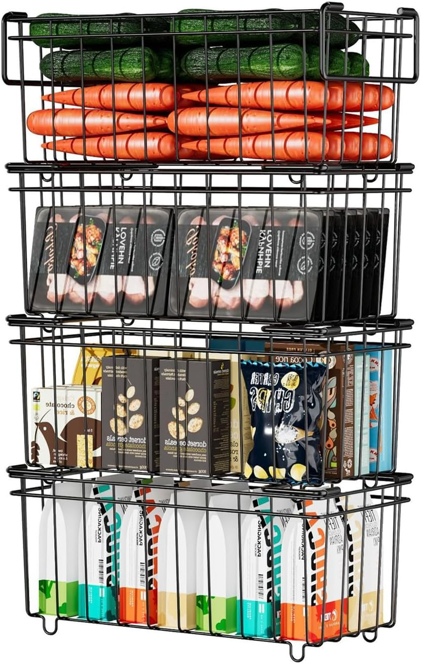 6 Pack Freezer Organizer Bins, Stackable Deep Chest Freezer Organizer Bins, Metal Foldable Baskets with Handles, Black Wire Freezer Storage Bin with Better Space Utilization (37&times;18&times;15Cm)