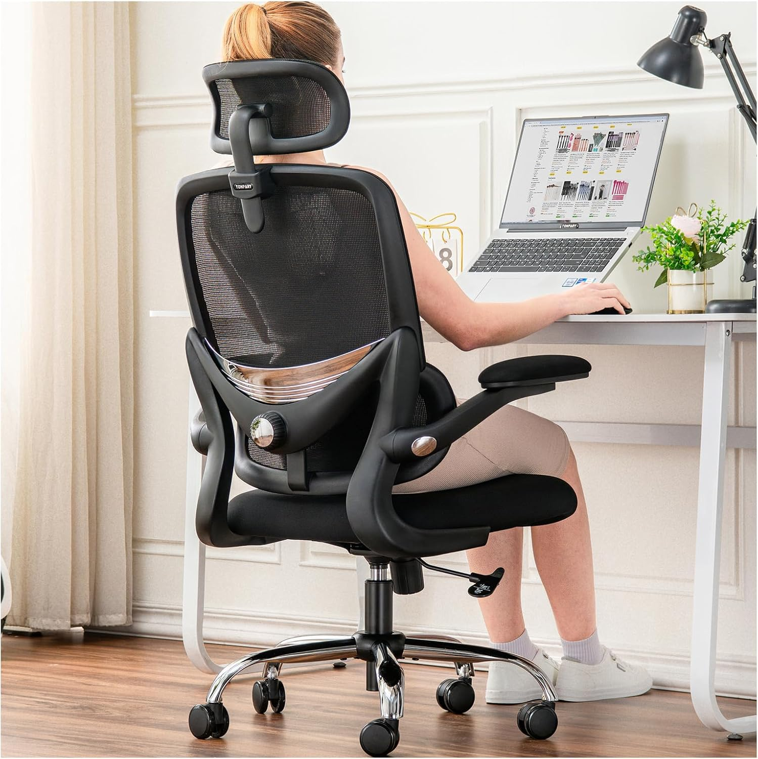 TONFARY Ergonomic Home Office Chair, High Back Mesh Desk Chair with Adjustable Lumbar Support, Flip-Up Armrest, Removable Headrest, Swivel Computer Gaming Chair, Space Saving, 150KG (White+Grey)