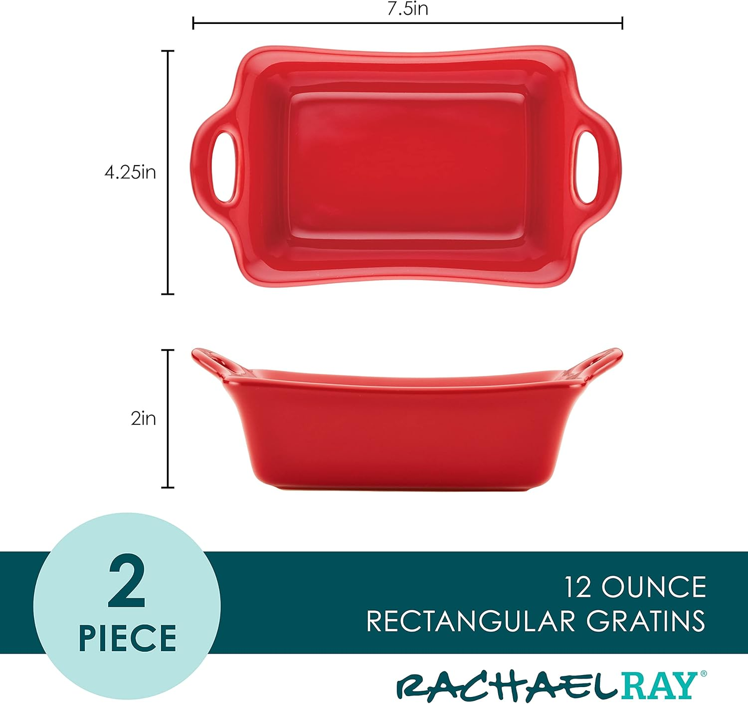 Rachael Ray Solid Glaze Ceramics Au Gratin Bakeware/Baker Set, Rectangular, 2 Piece, Red