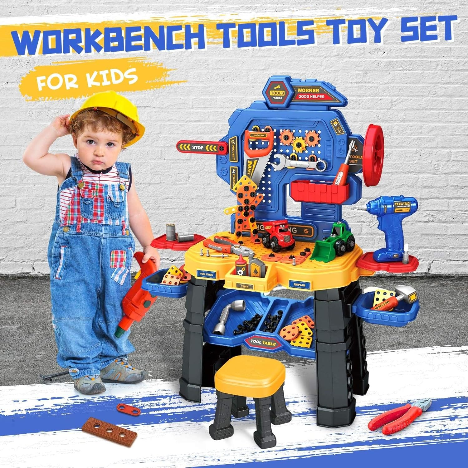 KIDBOT Kids Toy Tool Bench Set, 181PCS Workbench Construction Workshop with Electric Drill and Realistic Tools Toy for 3+ Years Old Kids,Educational Builder Pretend Role Play Toy