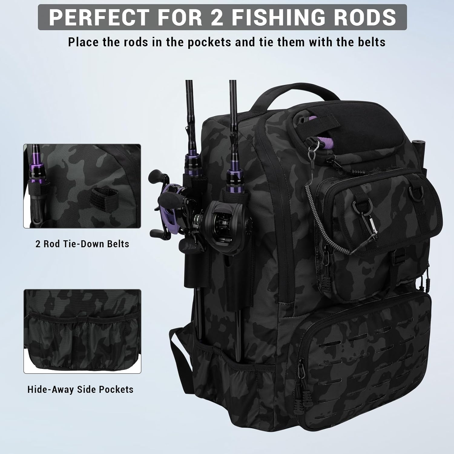 Fishing Backpack with Rod Holders,40L Large Water-Resistant Fishing Tackle Bag with Cooler,Tackle Box Backpack,Black image number 6