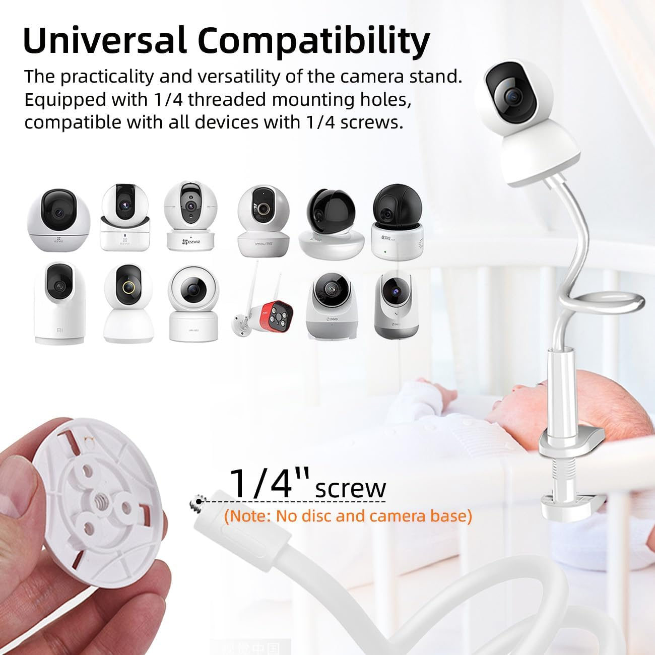 Baby Monitor Holder,0.5M Baby Monitor Camera Bracket,No Drilling Required,Universal Adjustable Gooseneck Mount,Compatible with Arlo,Hello Baby & Most Monitor Cameras with 1/4 Screw image number 3