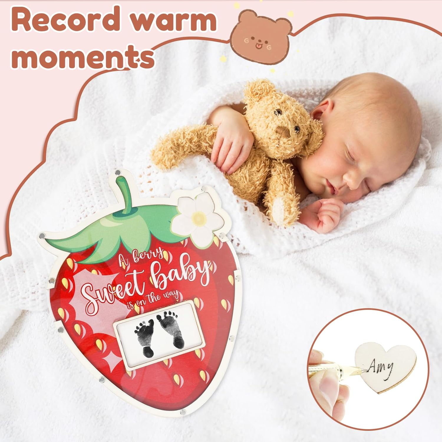 Strawberry Baby Shower Guest Book Decoration with Photo Frame and 60 Wood Slices Wood Guest Book Alternative a Berry Sweet Baby Is on the Way Decor for Birthday