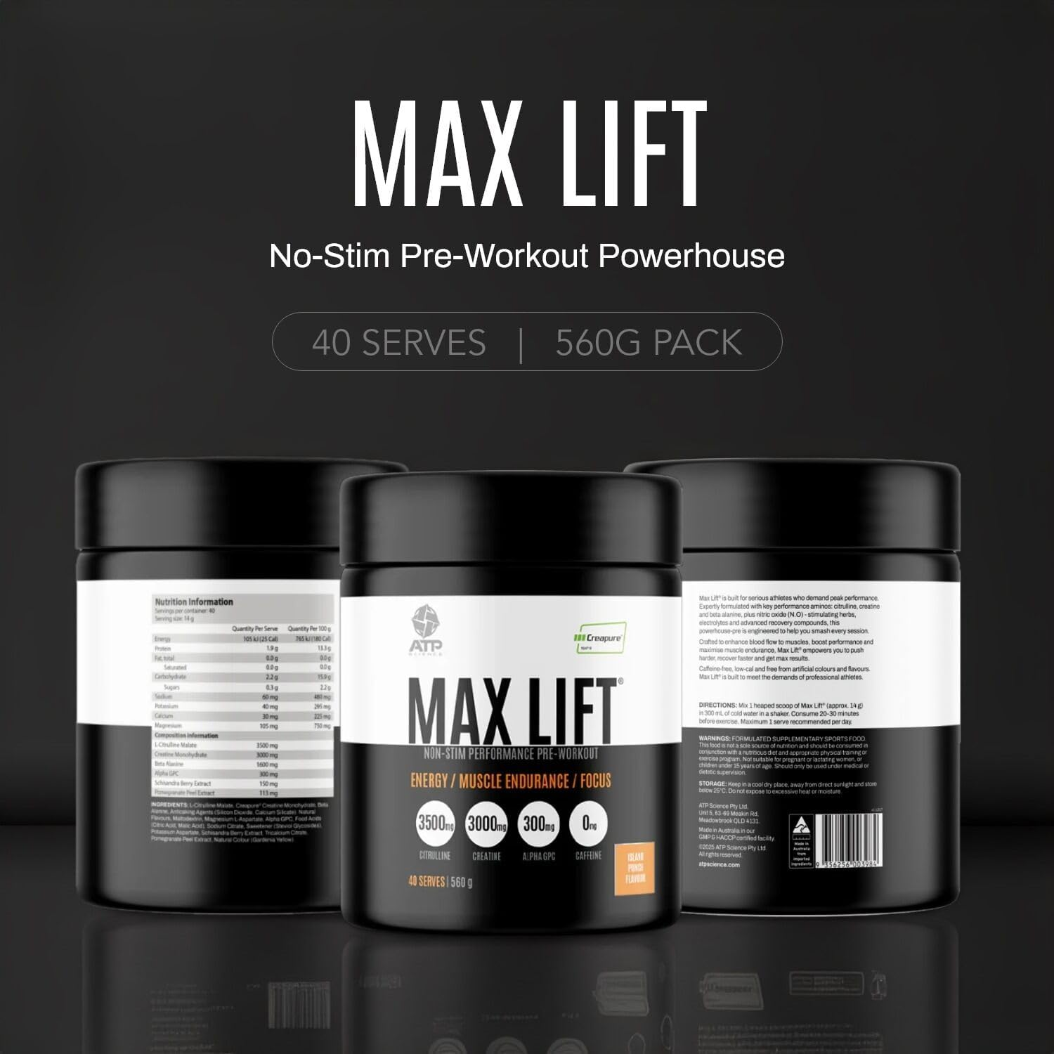 ATP Science Max Lift Preworkout Powder, Enriched with Creatine, Electrolytes, Amino Acids and More, Enhances Blood Flow, Boosts Performance, Maximises Muscle Endurance, Flavour - Island Punch, 560G image number 6