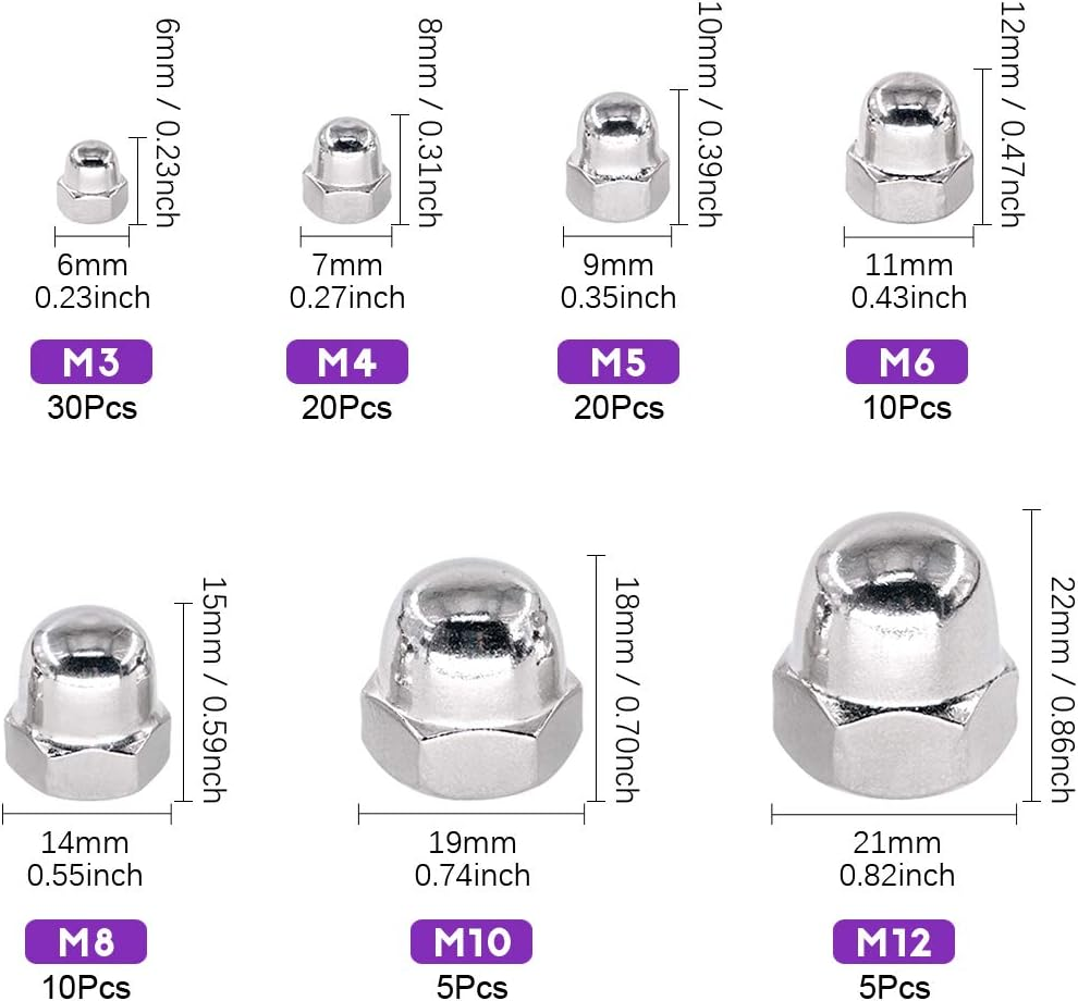 Swpeet 100Pcs 304 Stainless Steel Serrated Metric Acorn Cap Nuts Hex Dome Cap Assortment Kit, 7 Sizes - M3 M4 M5 M6 M8 M10 M12 image number 1