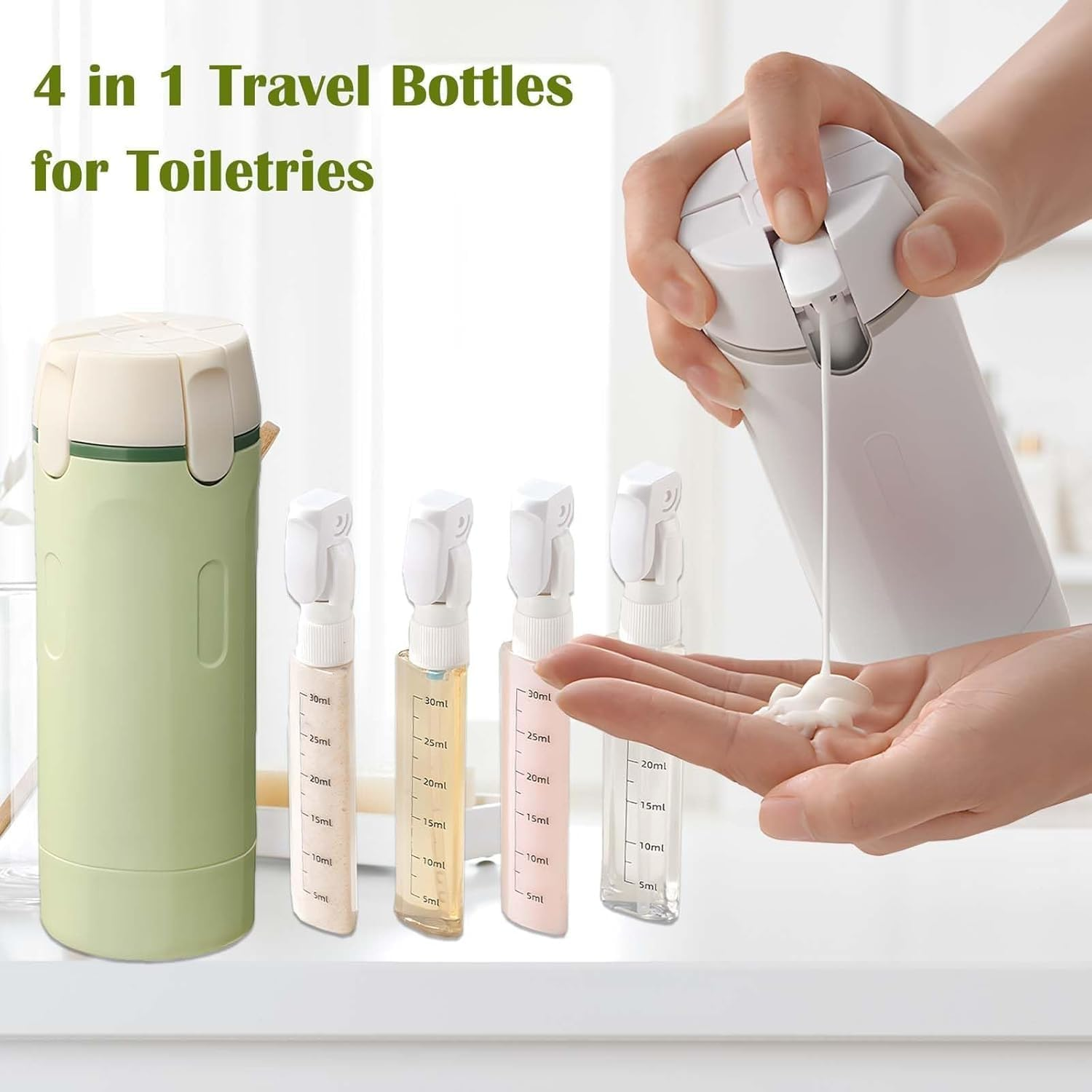 4 in 1 Travel Dispenser - 4 Pack Refillable 30Ml Travel Dispenser Bottles, Leak Proof Containers Portable Toiletries Containers for Shampoo Lotion Conditioner Cream (Green) - White image number 6