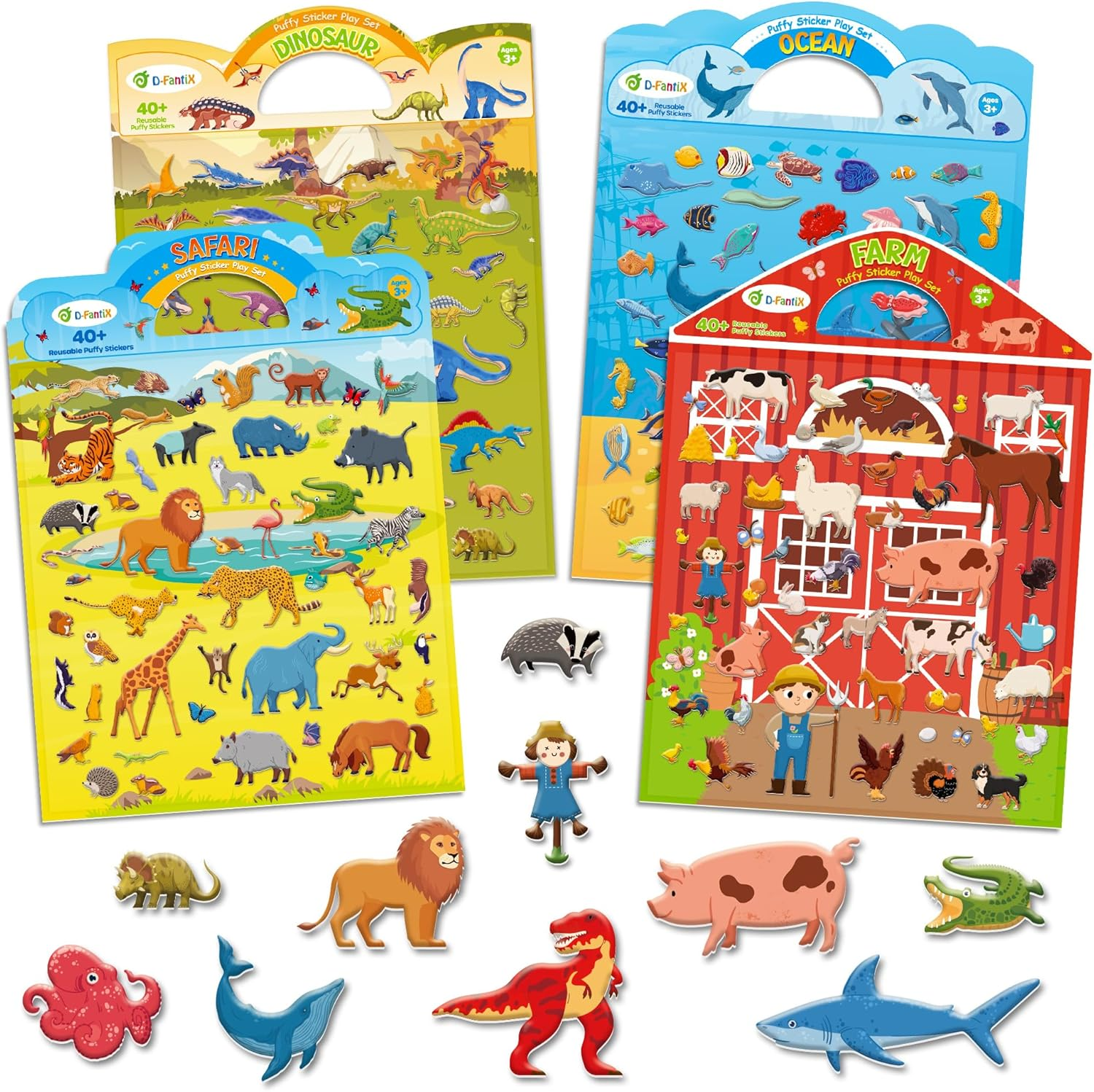 D-Fantix 3D Puffy Stickers for Kids Ages 4-8, Reusable Sticker Books for Toddlers 2-4 Years, Farm Dinosaur Ocean Safari, Car Road Trip Activities, Airplane Travel Toys, Birthday Gifts for Boys Girls image number 3