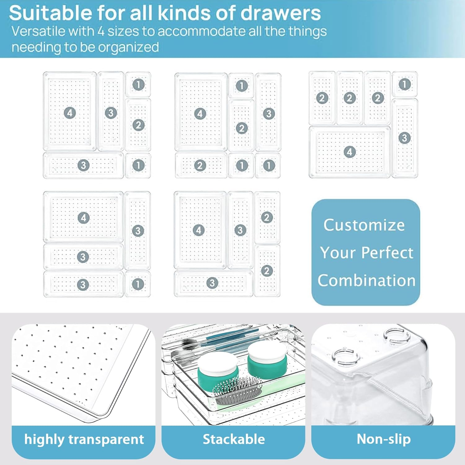 Clear Plastic Drawer Organizers Set Bathroom and Vanity Drawer Organizer Trays Storage Bins Containers for Makeup Bedroom Office (44PCS) image number 4