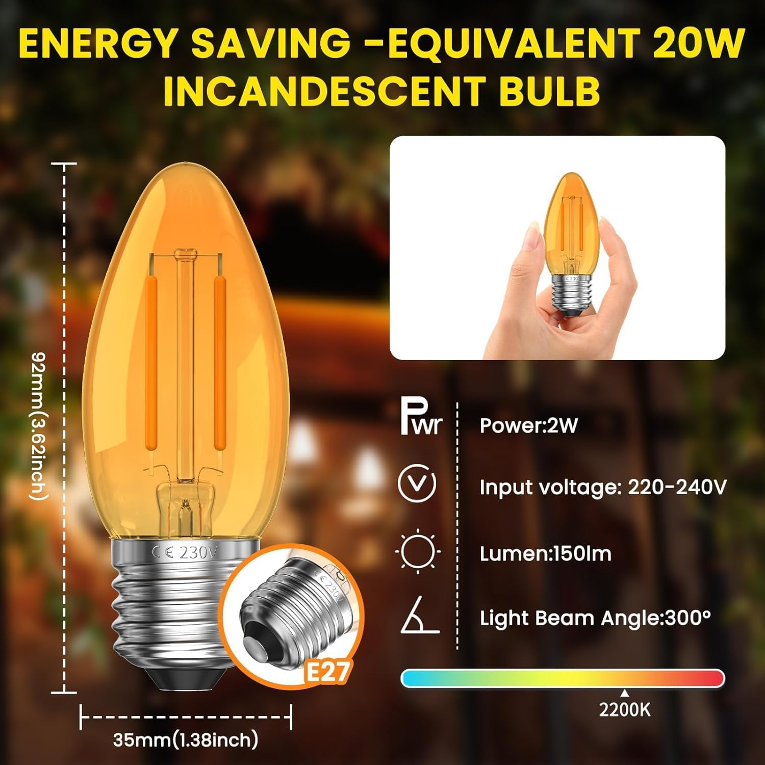 2W E27 LED Vintage Light Candle Bulbs - E27 Edison Screw LED Bulb Ultra Warm White 2200K C35 Dim Low Watt Light Bulb Amber Glass Orange Bulbs,Equivalent 20W,Non-Dimmable,2-Pack