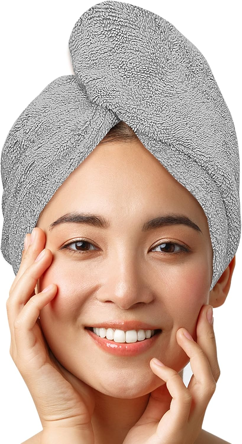 LUXTOGO&reg; Premium Hair Towel (430 G/M&sup2;) - 100% Cotton Turban with Button and Elastic, Super Absorbent (2 Pieces White + Red)