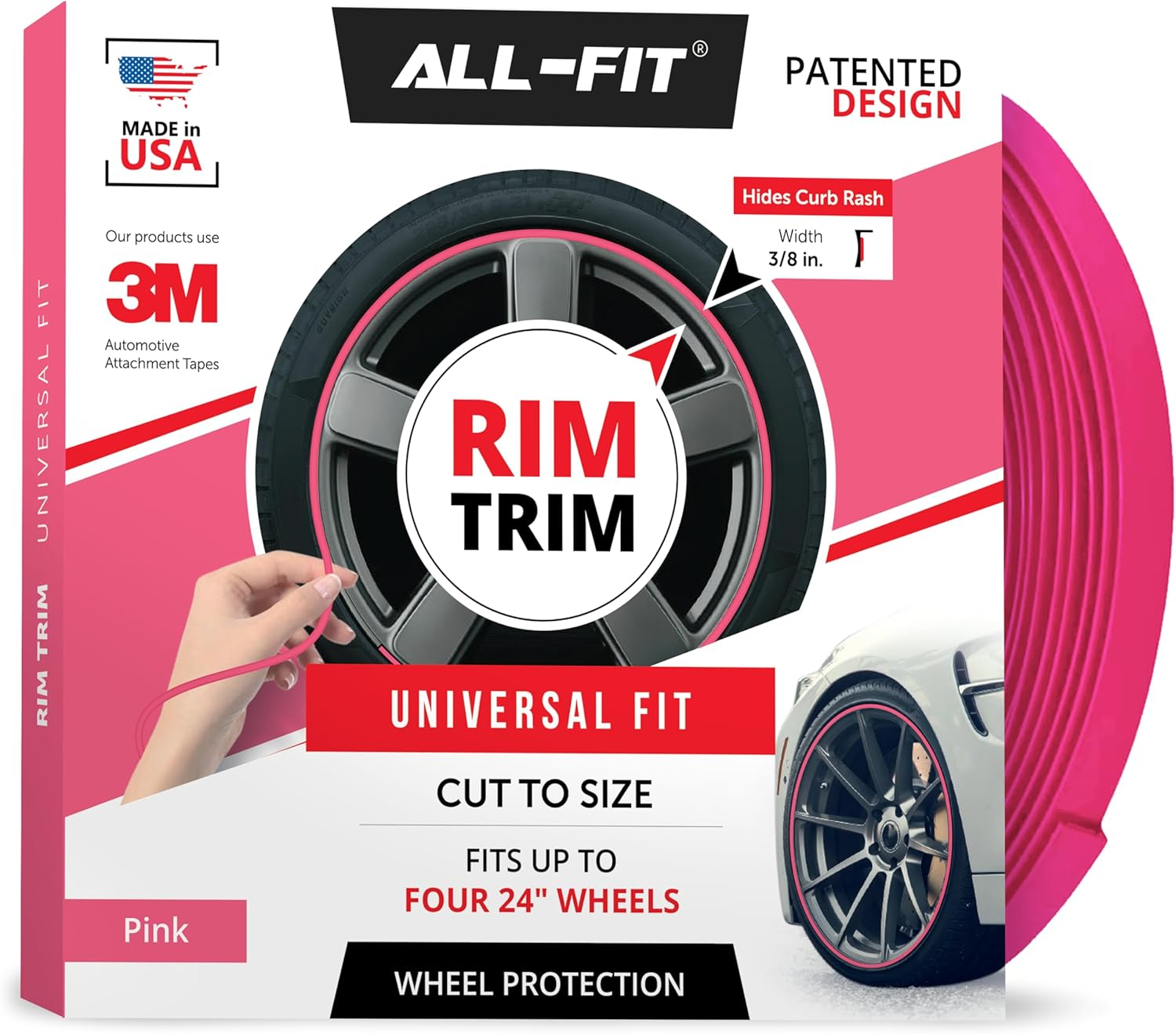 All-Fit Rim Trim Wheel Protection Strips for Curb Rash and Wheel Scratch Prevention &ndash; Made in the USA &ndash; Universal Fit (Pink)