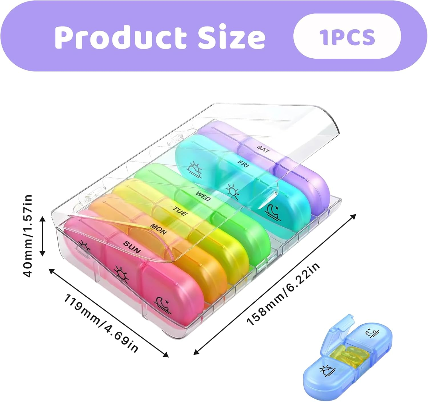 Weekly Pill Organizer 3 Times a Day, Large Capacity AM NOON PM Pill Box for 7 Days, Spill Proof with Double Lock, Used for Storing Drugs, Vitamins, Supplements, and Fish Oil Supplements(Clear Rainbow) image number 5