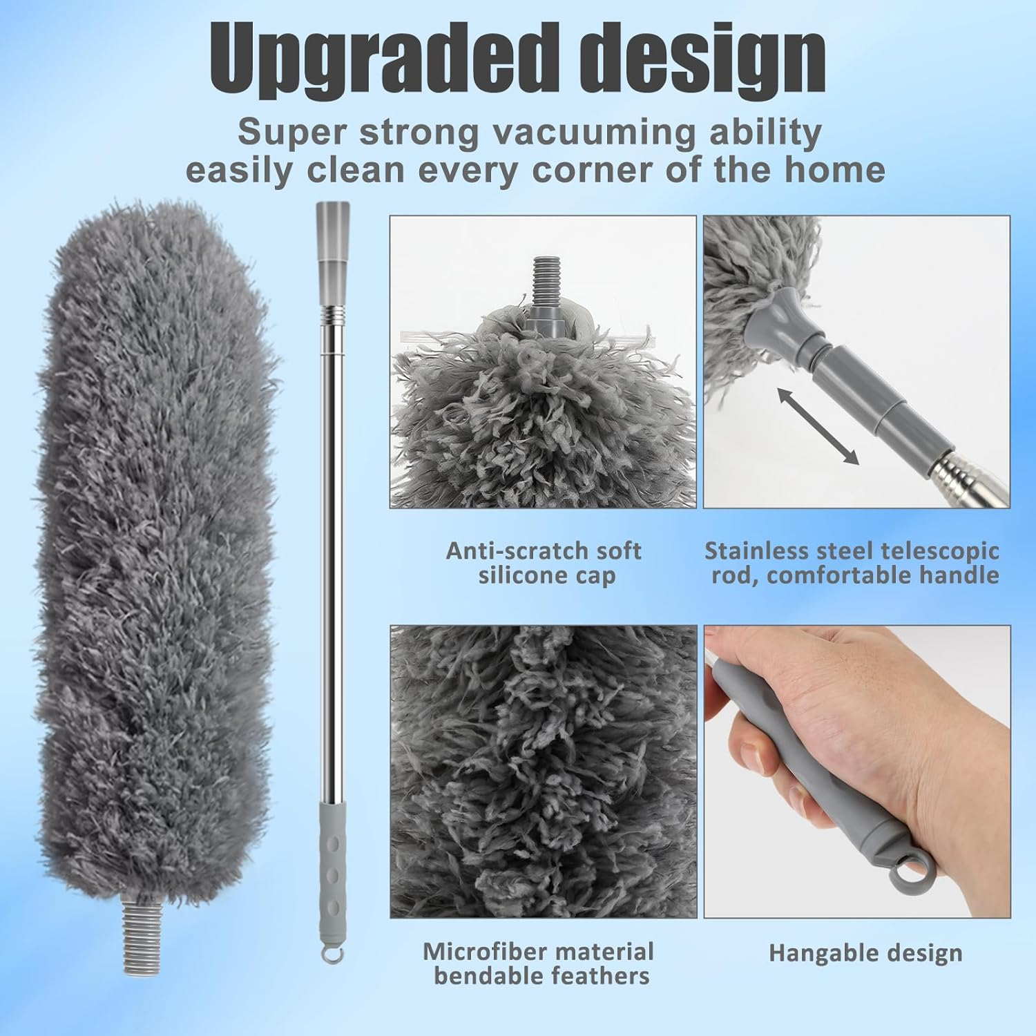 Zikenis Washable Telescopic Duster, Microfibre with Stainless Steel Telescopic Rod, Long Extendable up to 2.45 M, for Ceiling Cobwebs Cleaning, Grey image number 1