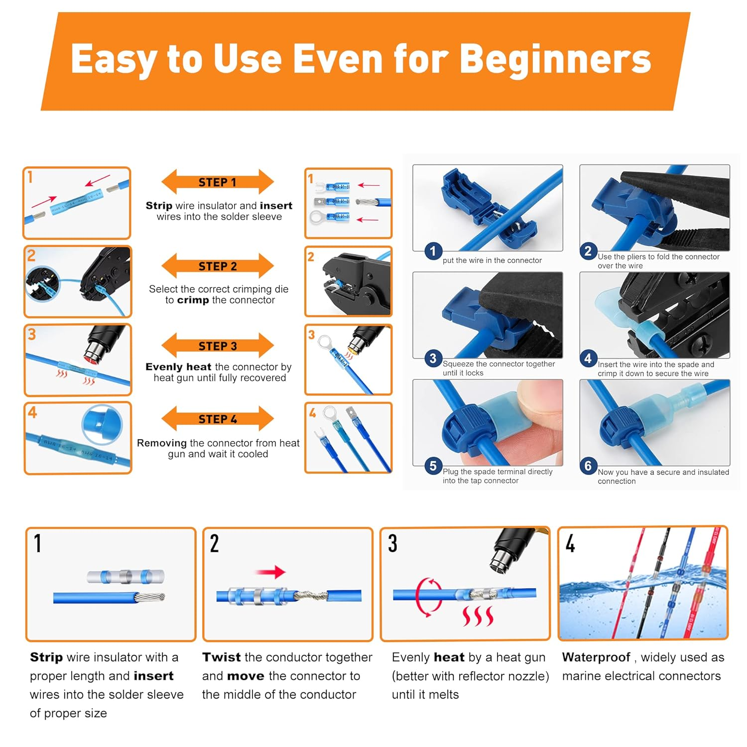 Kuject 500PCS Multipurpose Heat Shrink Wire Connectors Waterproof Electrical Crimp Connector Assortment Kit, Insulated Ring Fork Spade T-Tap Solder Butt Splice Terminal for Automotive Marine Boat image number 6