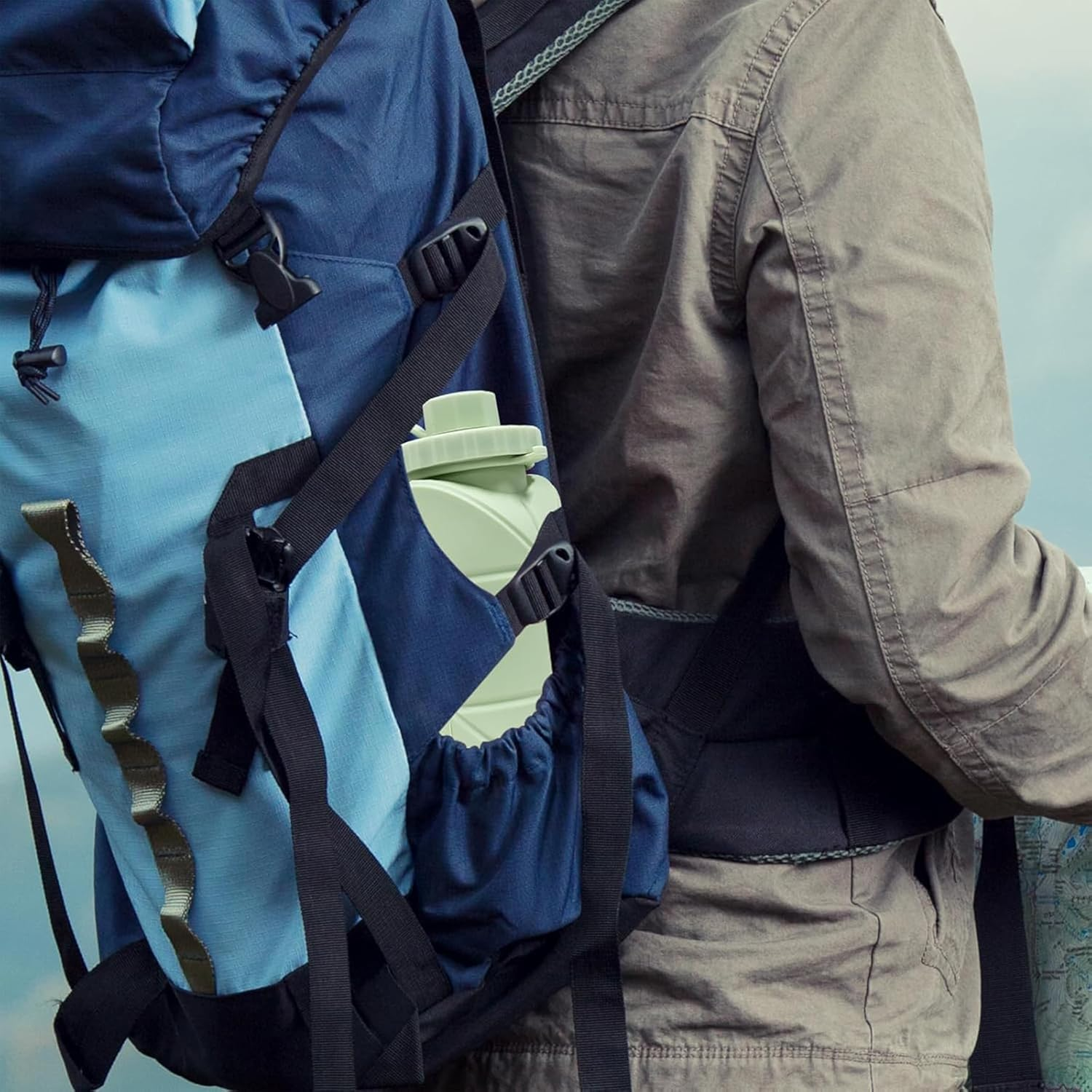 (2 Pack) MDHWL Collapsible Water Bottle for Travel [Double Leak-Proof Design] [Cap with Safety Rope] BPA Free Silicone Foldable Water Bottle for Outdoor Hiking Sports Lightweight, Couple (Green+Grey)