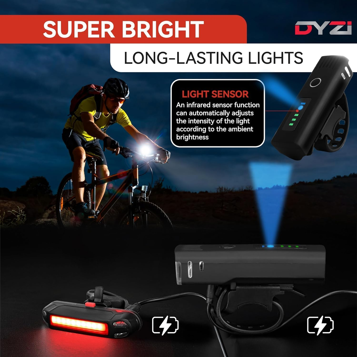 Bike Lights - USB Rechargeable Ultra Bright Front & Back Bike Light Sets - 4 Light Modes with Daylight Sensor - Easy to Fit and Mount LED Bicycle Lights image number 1