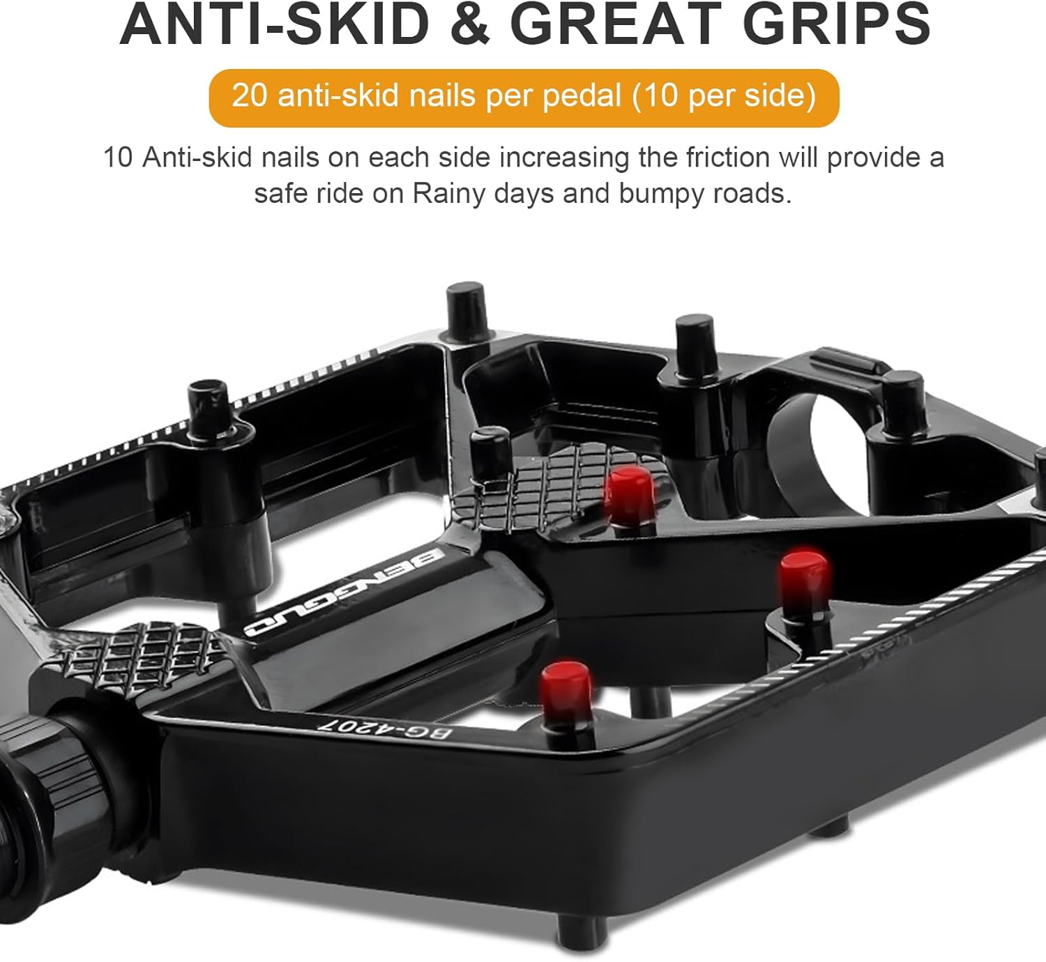 Mountain Bike Pedals, 4 Bearings Bicycle Pedals, Aluminum Alloy Bicycle Pedals, Road Bike Pedals with 20 Anti-Skid Pins, 9/16&rdquo; CNC Bicycle Flat Pedals for Road Mountain BMX MTB Bike image number 5