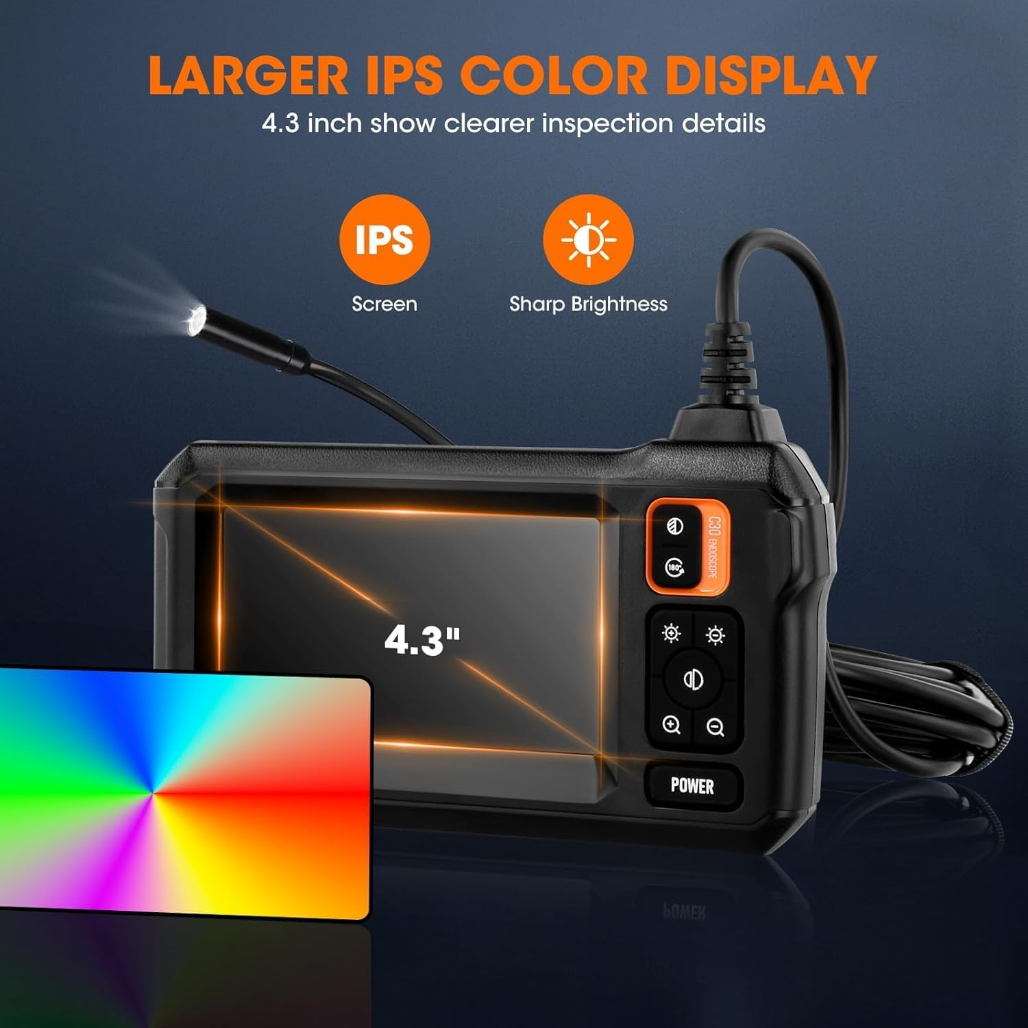 Endoscope Camera with Light, 4.3'' IPS Screen Inspection Camera, 1080P HD Digital Borescope, No App No Wifi Inspection with 8 Adjust LED Lights, IP67 Semi-Rigid Cable Waterproof Drain (16.4Ft/ 5M) image number 6