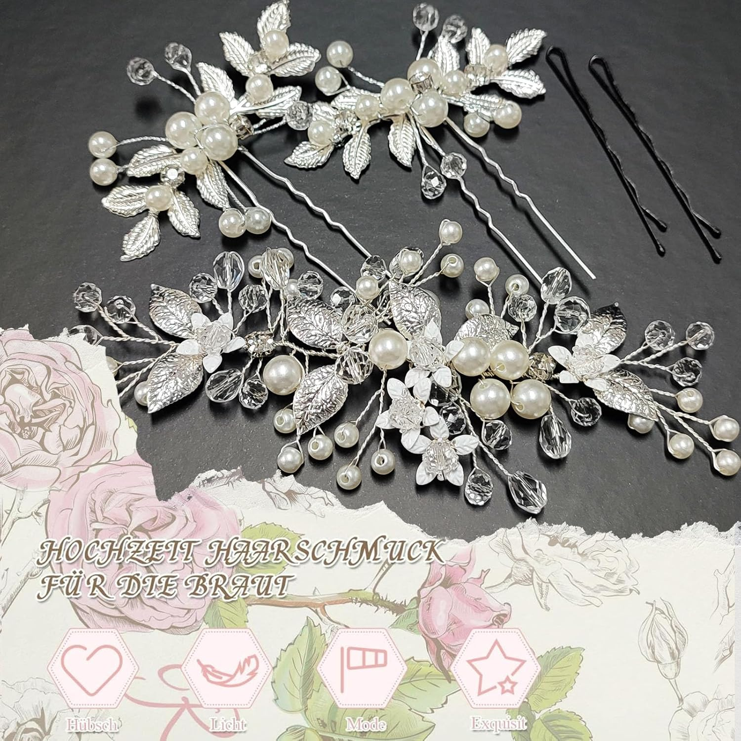 ZOCONE Bridal Flower Hair Accessories Silver Crystal Headband Flower Leaf Headpiece Pearl Hair Accessories Bridal Hair Pins Hair Pins Wedding for Women and Girls Bridal Hairstyle (B) image number 4