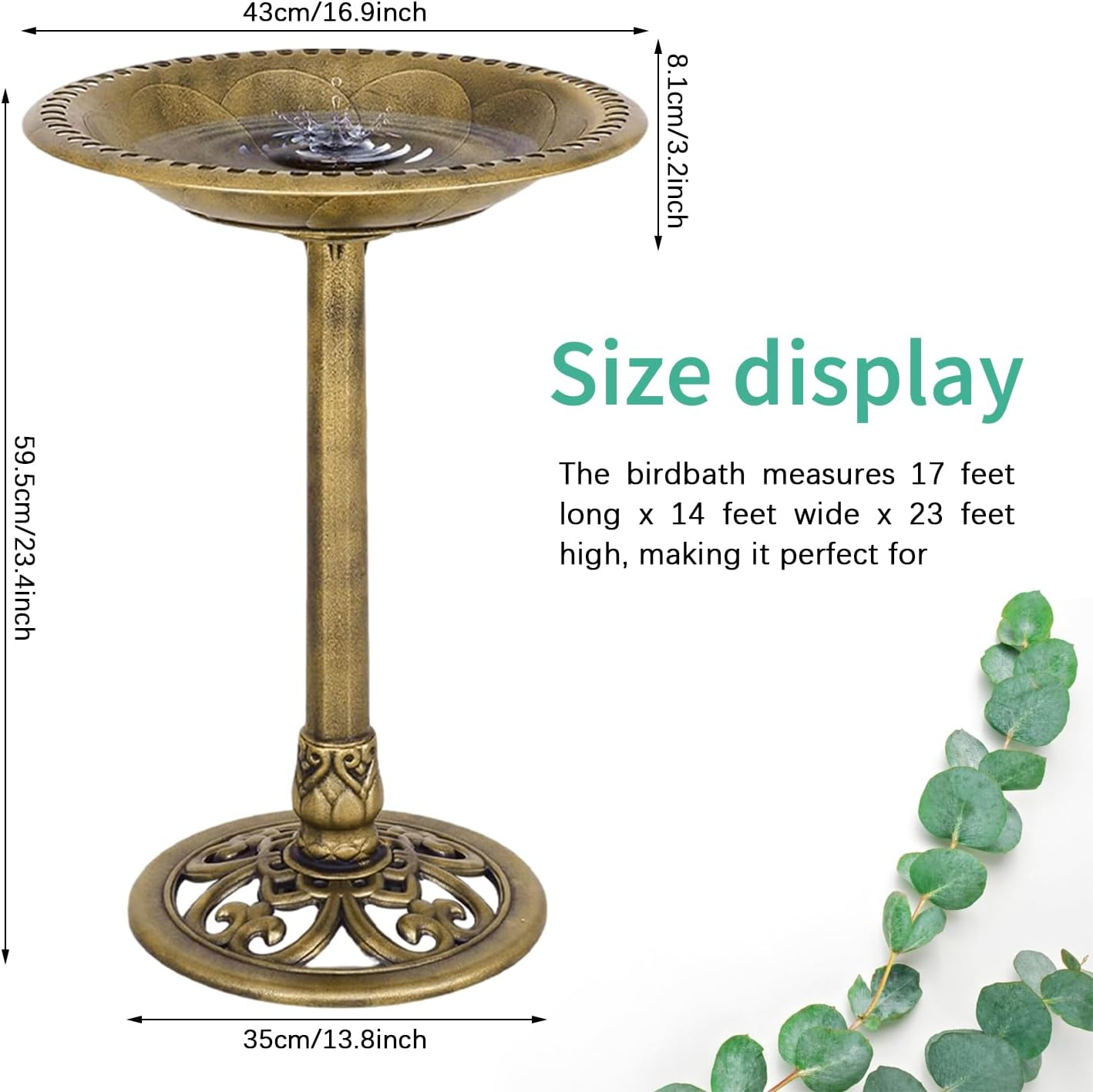 Antique Style 23.2" Tall Bird Bath - Lightweight Resin Base Bird Feeder with Gold Decorative Finish and Anti-Tip Design for Patio or Garden Use image number 3